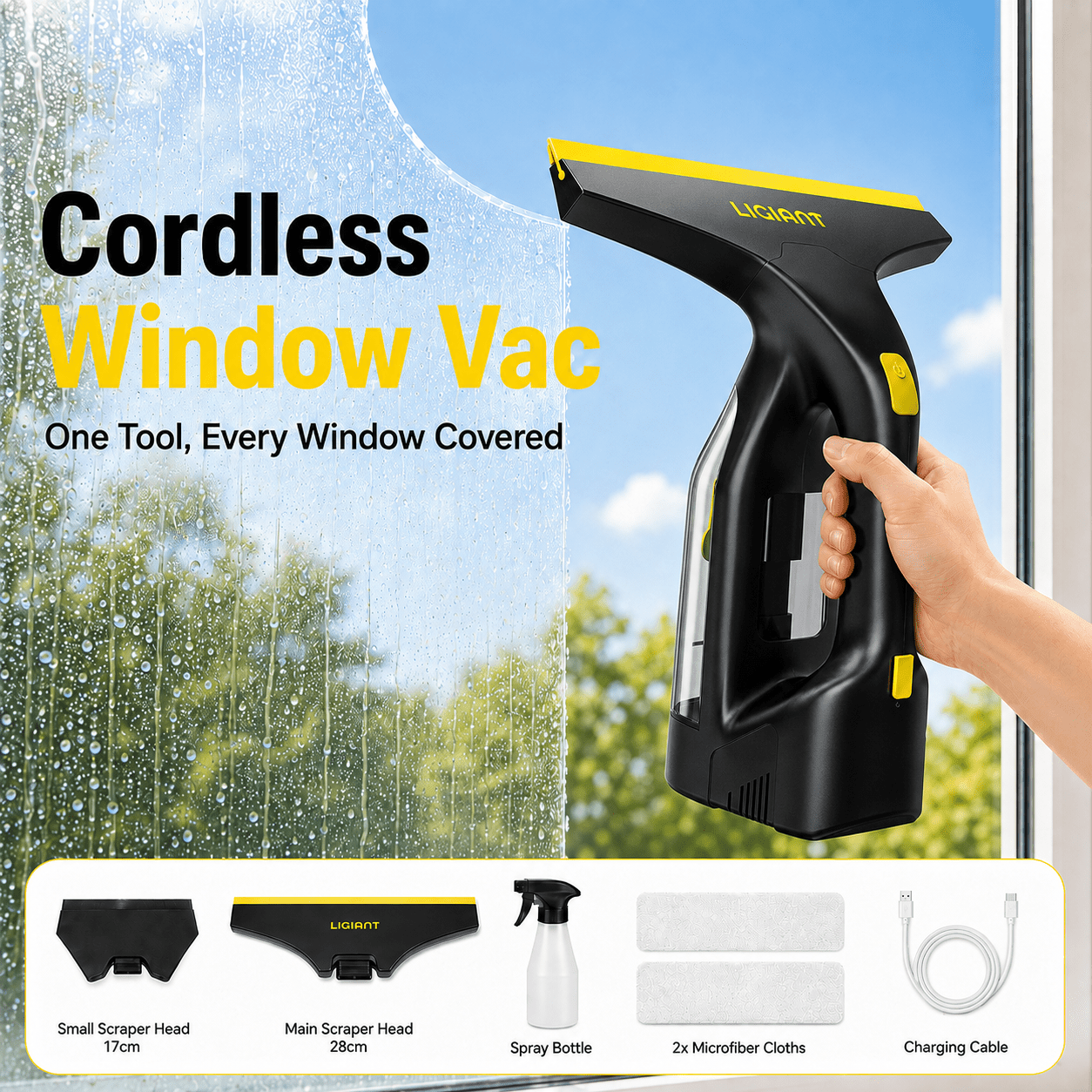 Image of Cordless Window Vacuum Cleaner With 2000pa Suction, 50-60min , Dual Interchangeable Scraper Heads (28cm/ 17cm), Copper Motor For , 0.76kg Body, And Complete Accessories – The Box