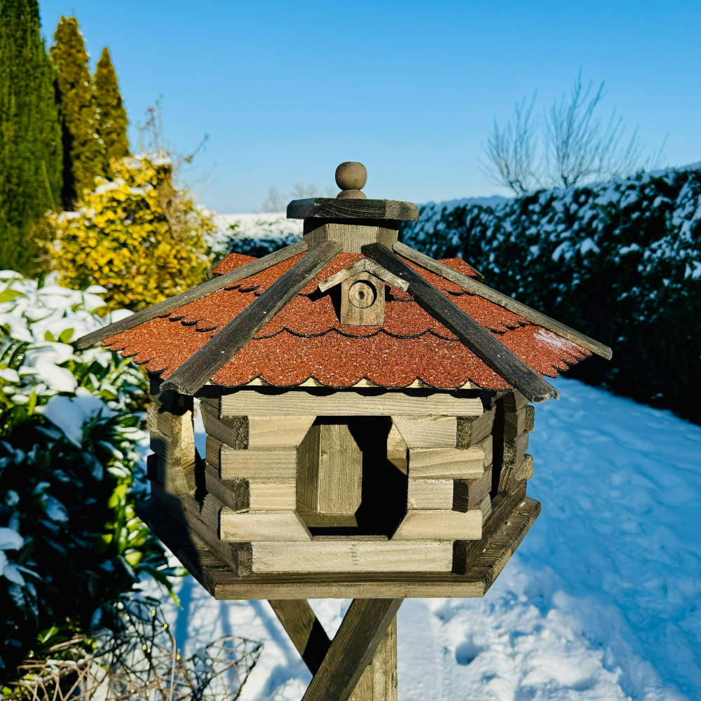 Handcrafted Bird Feeder House Xl, (lxbxh 60x60x40 Cm), Hexagonal Wooden Bird House, Feeding Station, Brown / Blue, Bird Feeder House For Garden, Terrace & Balcony, Weatherproof & Winterproof