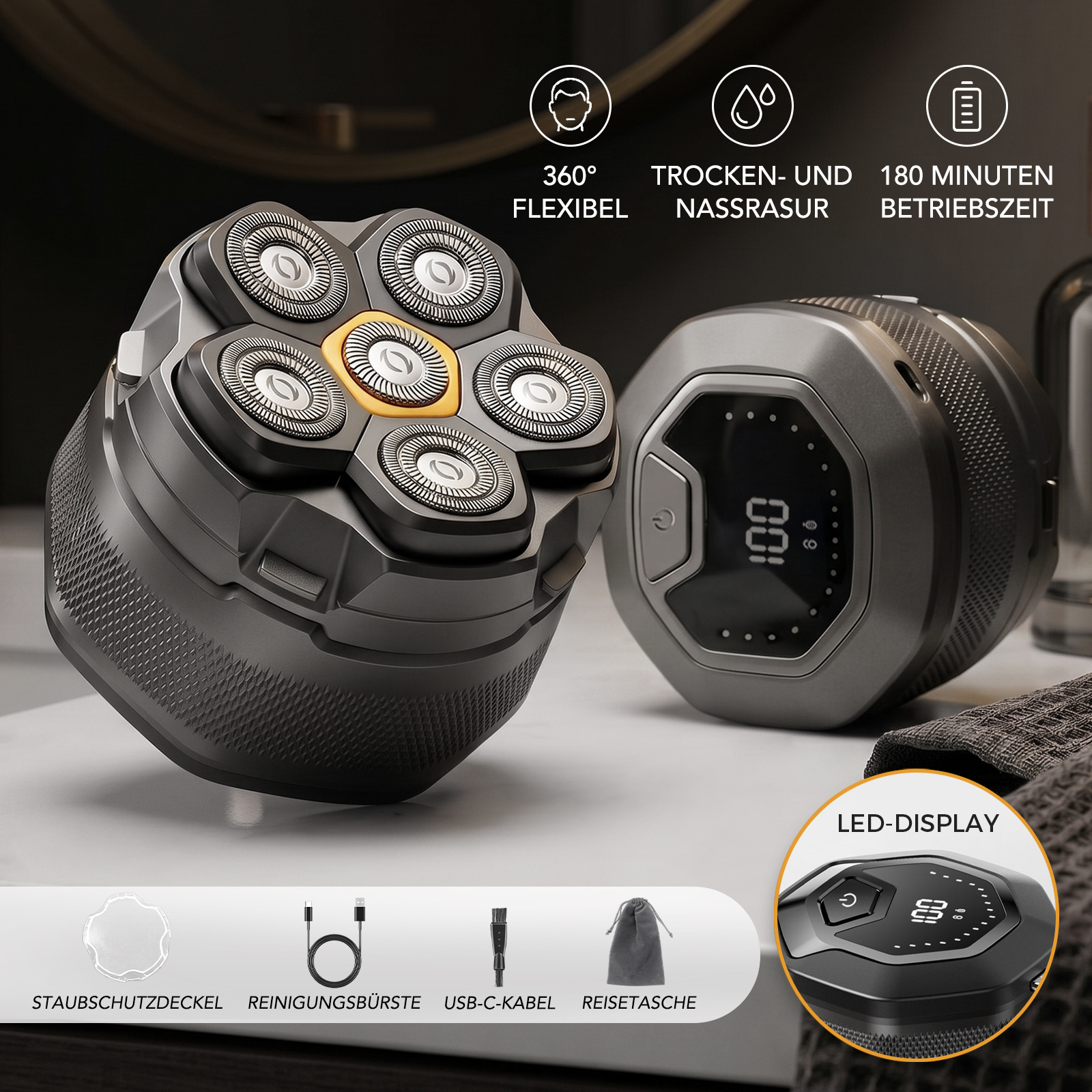 Bald Head Shaver For Men, 6d Shaver, Electric Head Shaver For Men With Flexible 6d , And Gentle Shaving With Less Skin Irritation, Magnetic Razor Head, Usb-c Rechargeable, Long With Lcd Display