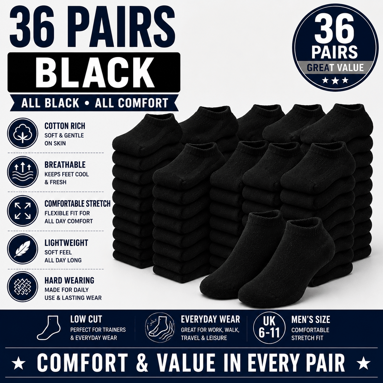 TEMU 36 Pairs Men's Trainer Socks Low Cut Ankle Socks Soft Breathable Lightweight Comfortable Everyday Casual Sports Work Socks Uk 6-11