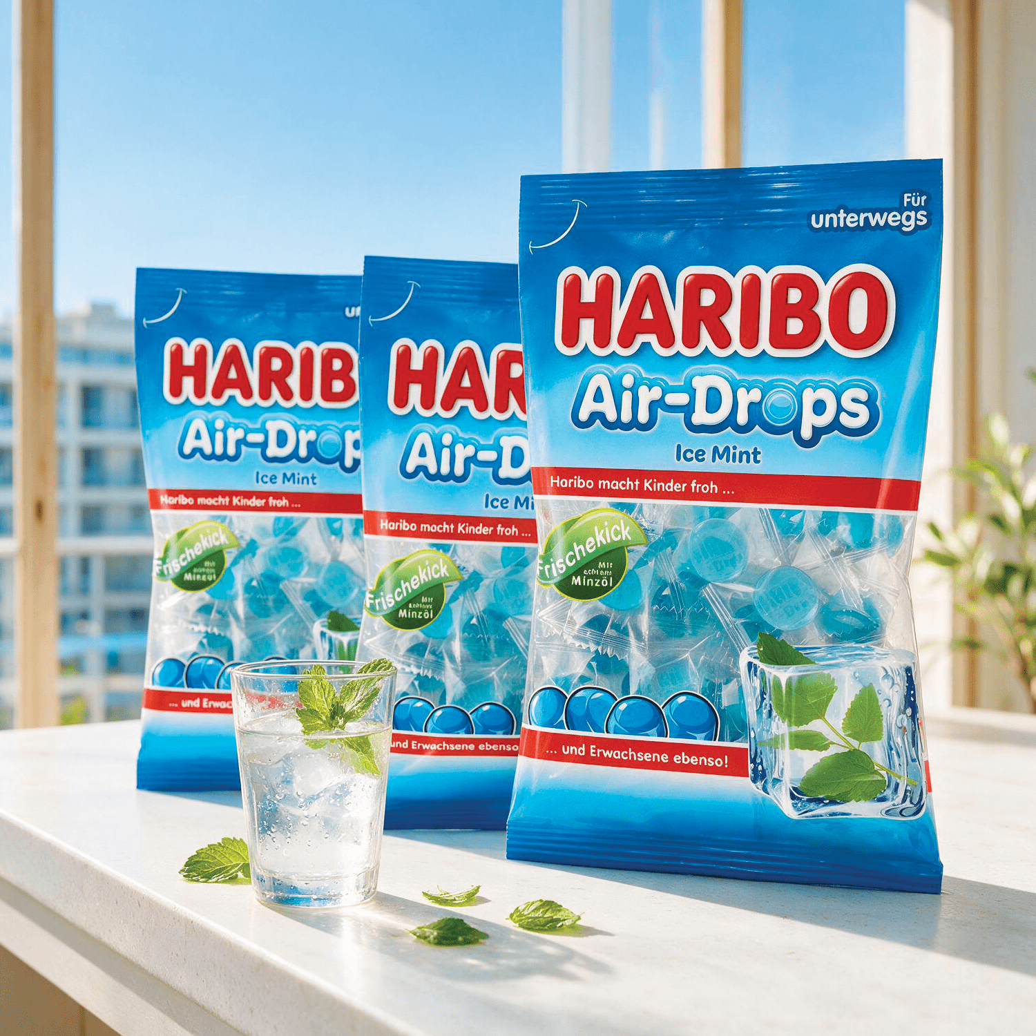 Image of 3rd Pack Haribo Air-drops Ice Mint – Fruit Gum Candies With Mint Oil 3x100g