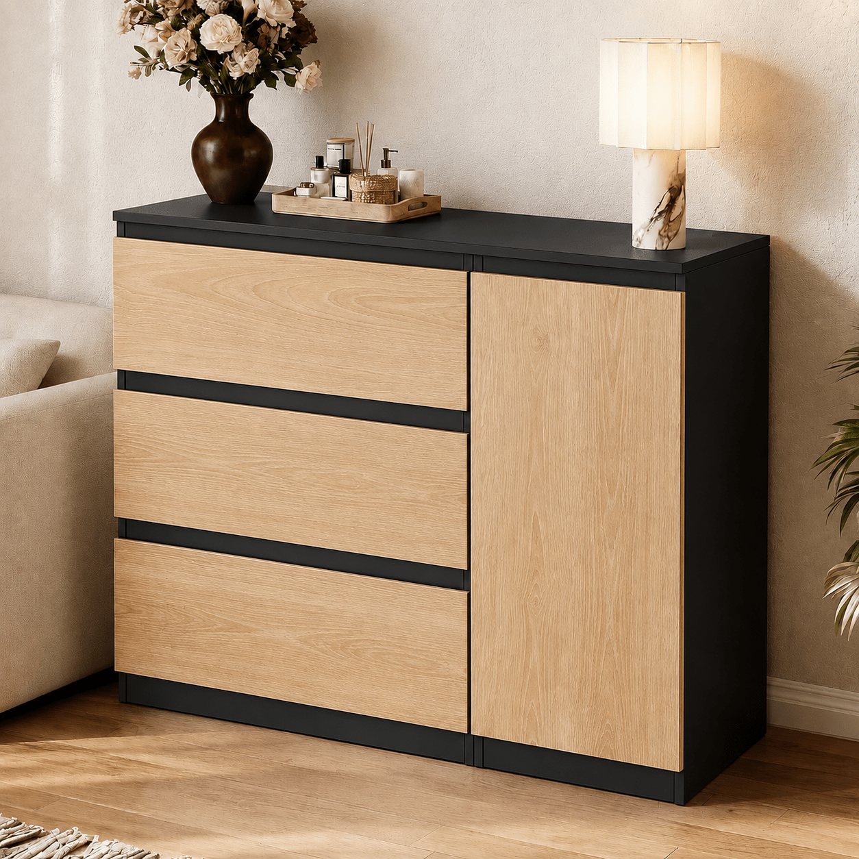 Image of Cabinet With 3 Drawers And Side Door, Freestanding Sideboard Organizer With Spacious Top, Multipurpose Cabinet For Bedroom, Living Room, Hallway And Entryway
