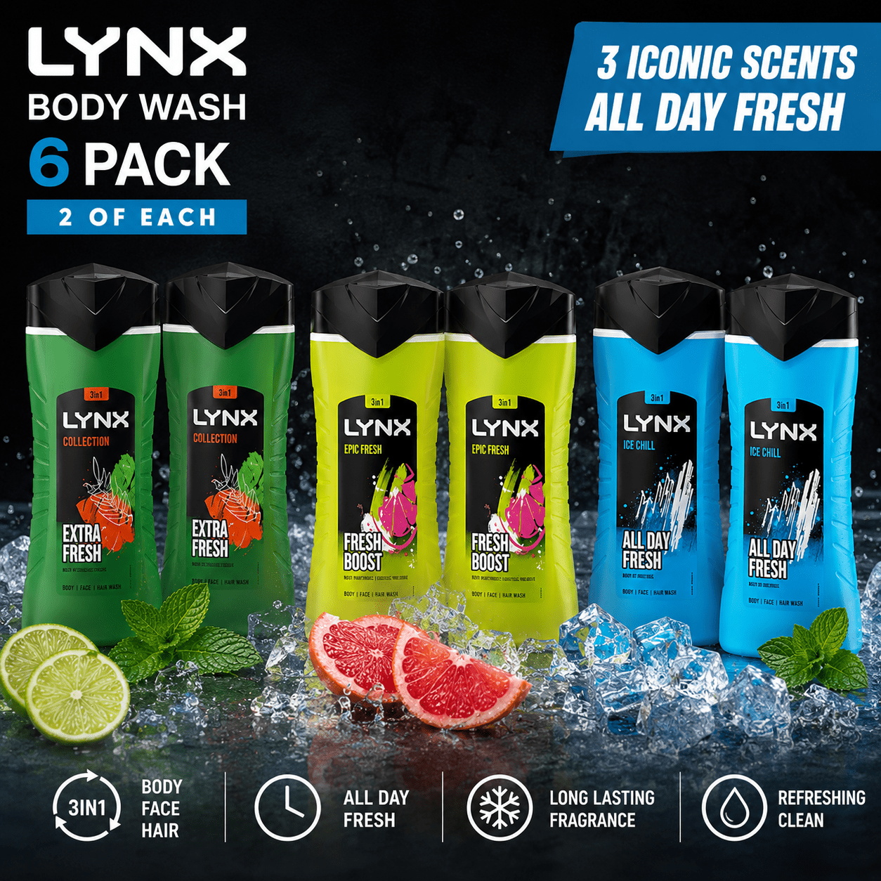 TEMU Lynx 3-in- Wash 6 Pack – 2x , 2x Fresh & 2x | Body, Wash