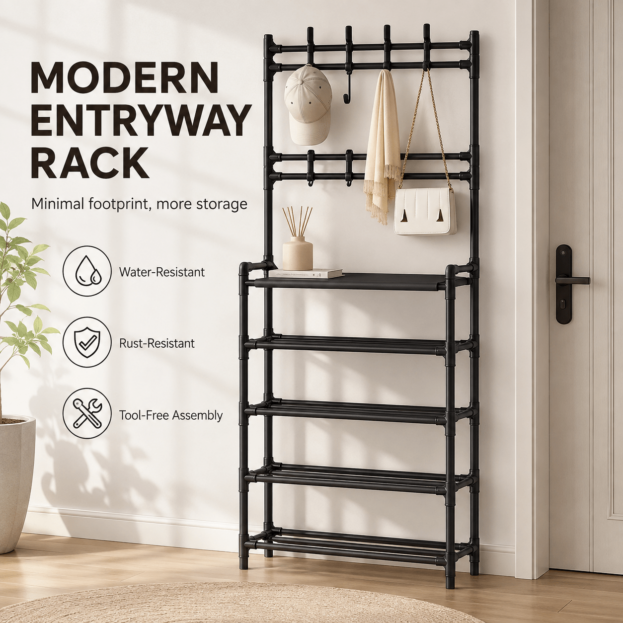 TEMU Perchero Organizador para Entrada y Recibidor, Zapatero de 5 Niveles con 8 Ganchos, Mueble de Metal Negro para Colgar Abrigos, Bolsos, Sombreros