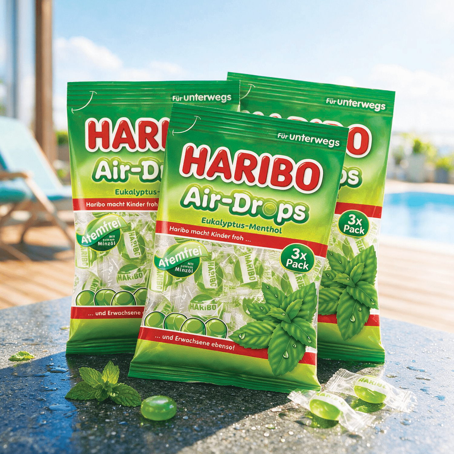 3rd Pack Haribo Air-drops Euka-menthol – Fruit Gum Candies With Mint Oil 3x100g