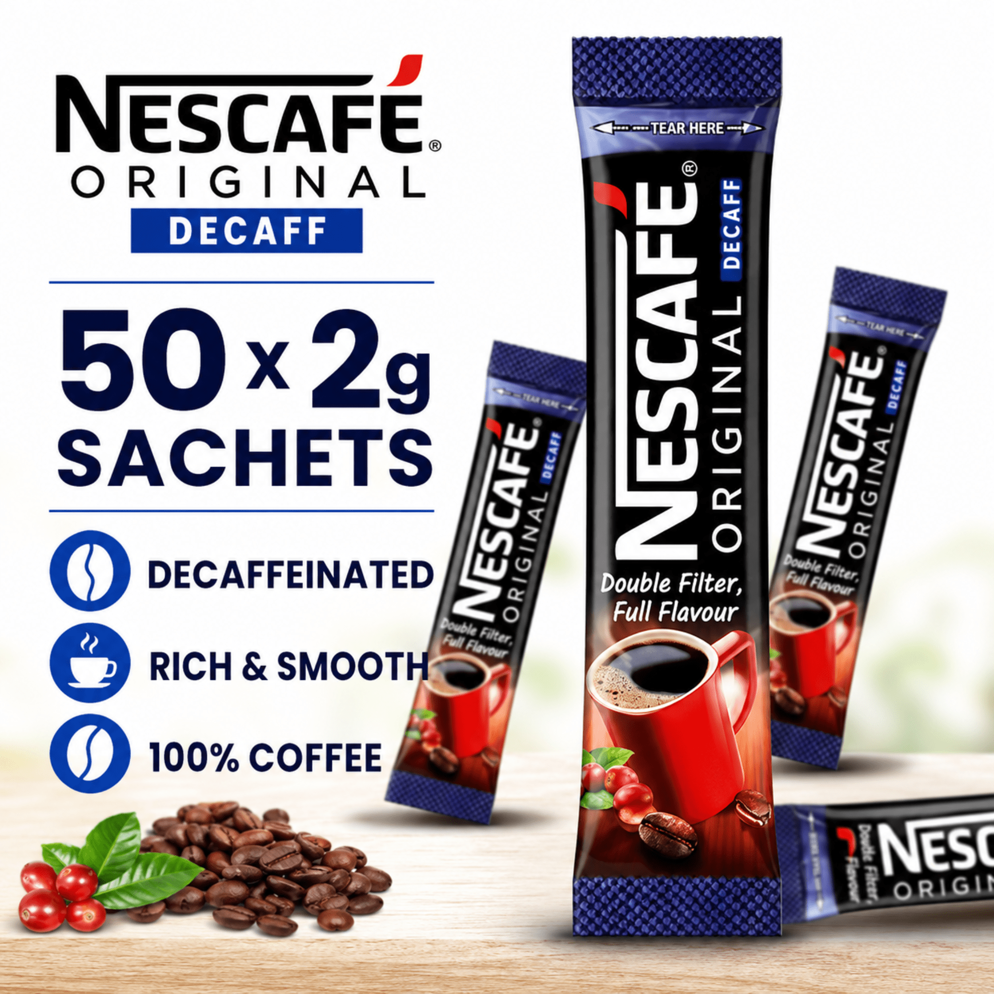 TEMU Nescafe Original Decaff Instant Coffee Sticks – 50 X 2g Sachets | 100% Coffee Beans, Water-decaffeinated - Supplied Loose