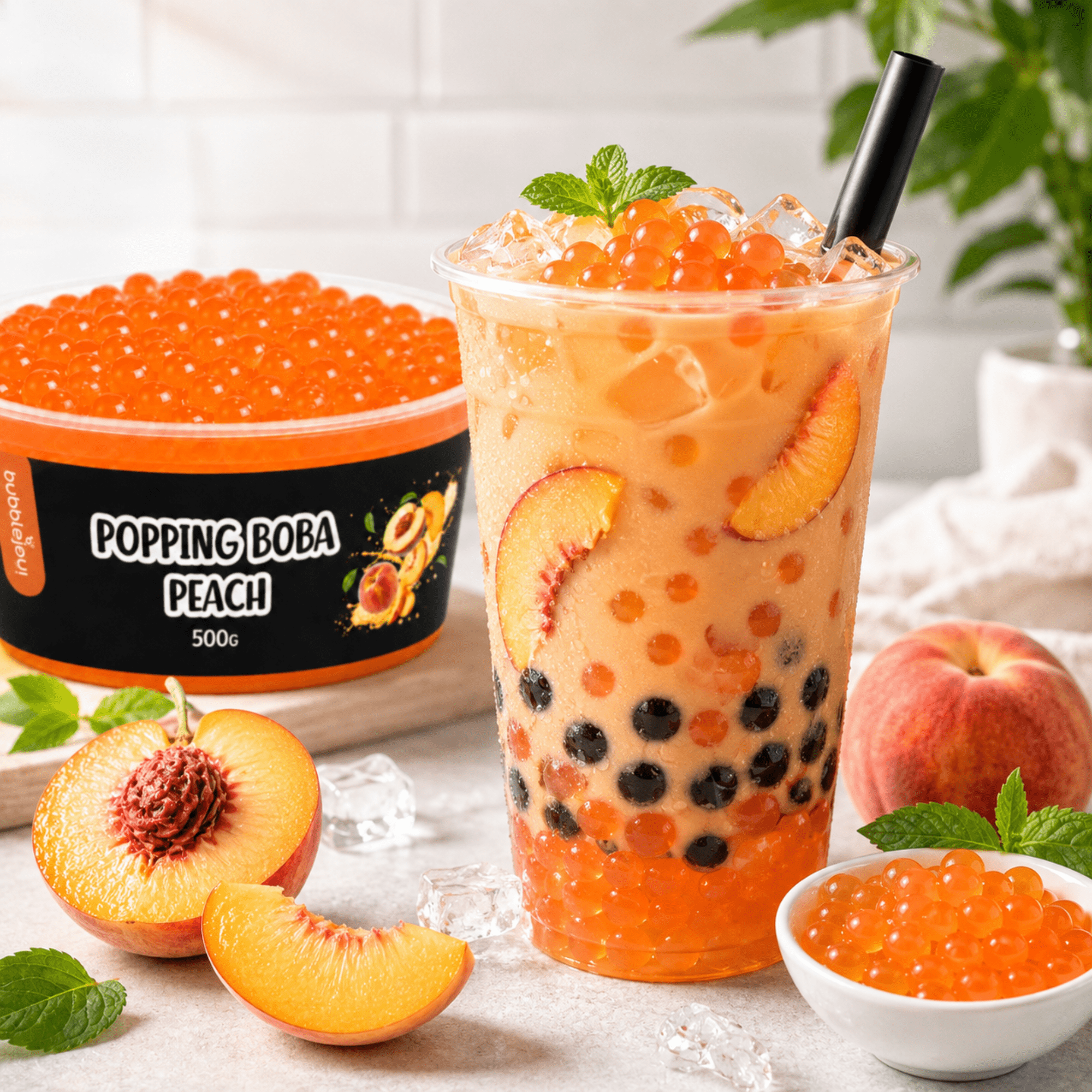 Popping Boba Peach Flavor Bursting Fruit Pearls For Bubble Tea, Smoothies & Desserts 500g Bubblejoy