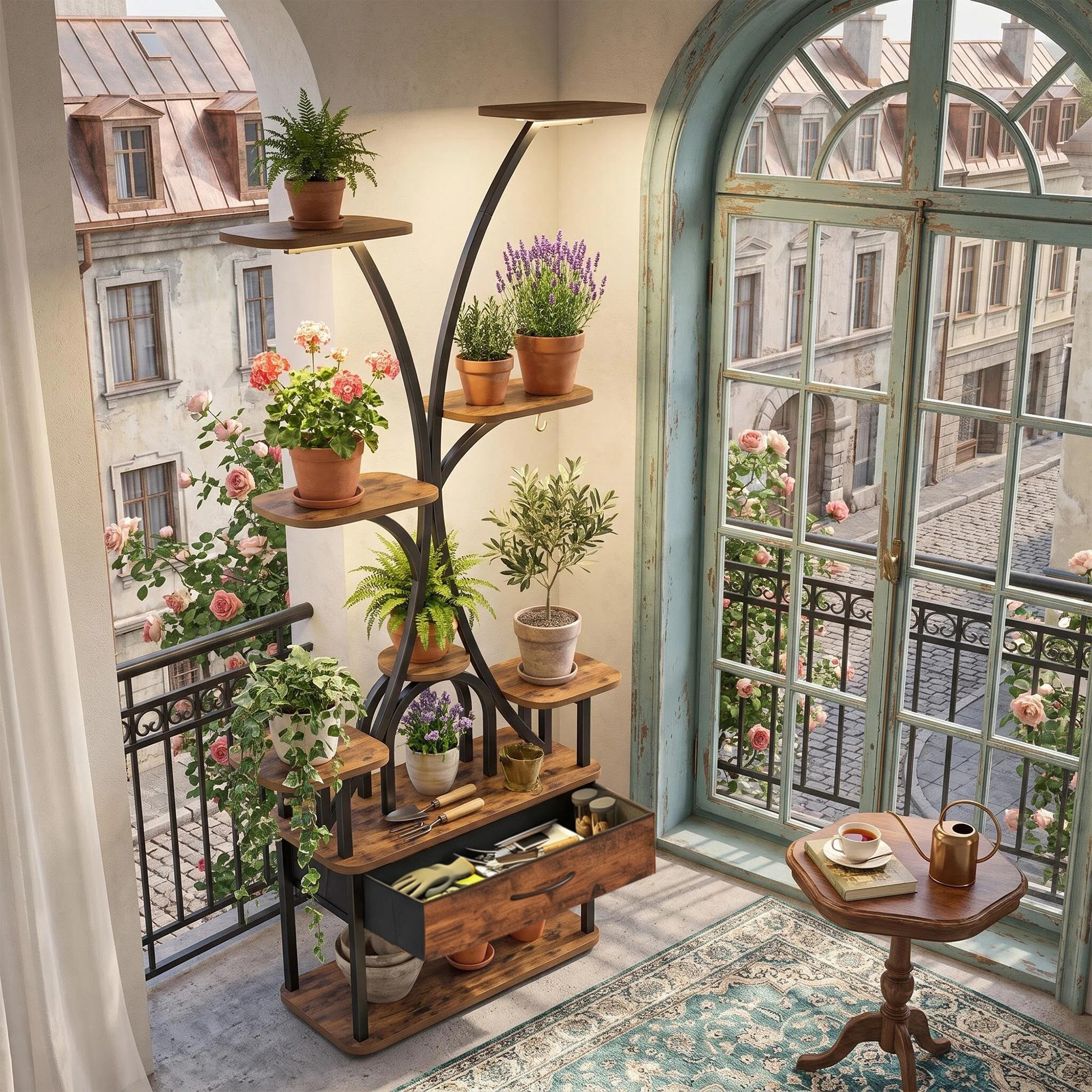 Image of Plant Stand Indoor With Supplemental Lamp, Metal And Wood Combination Plant Storage Rack, Suitable For Balcony And Living Room Green Plant Decoration Display