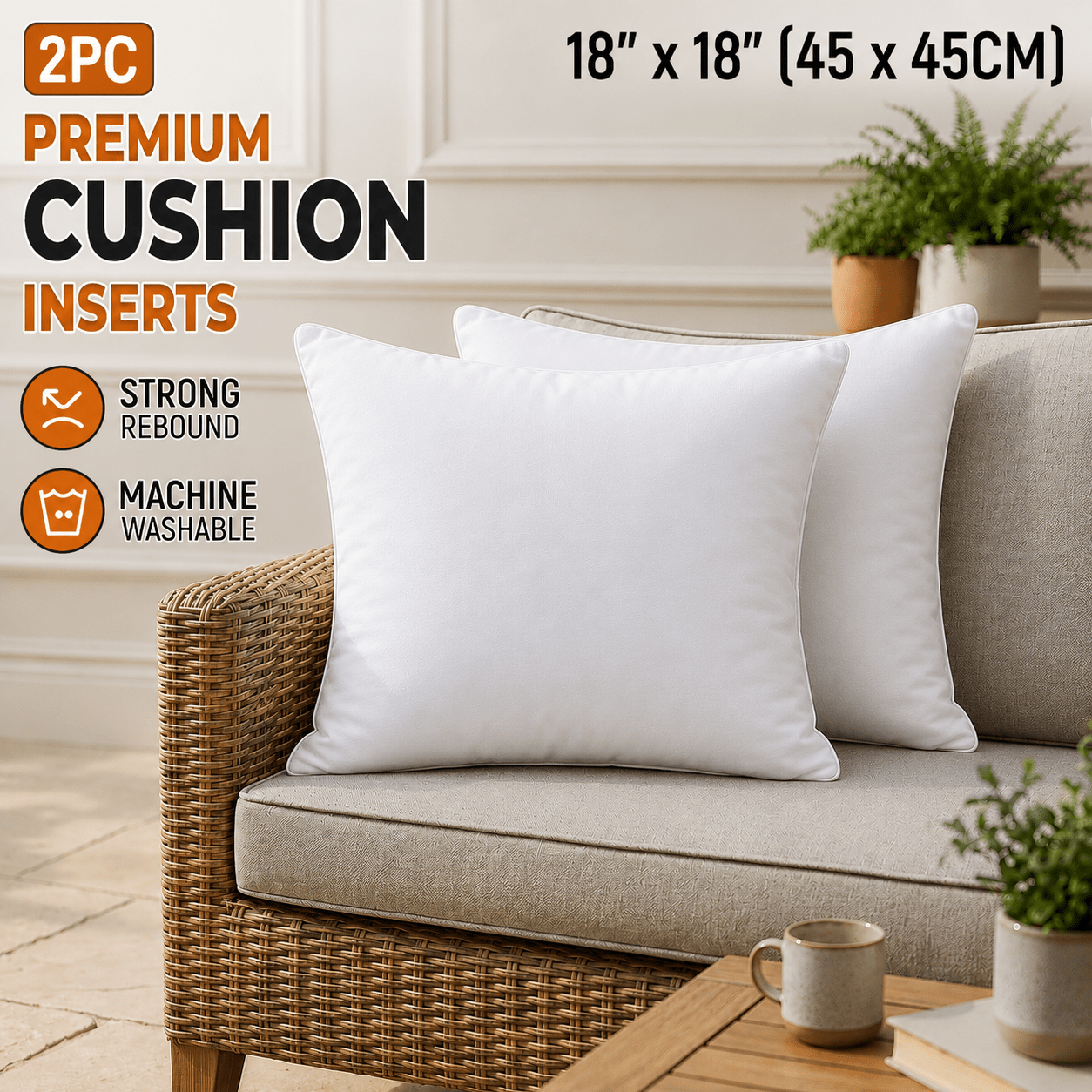 TEMU 2pc Pad - Soft & Comfortable Cushion Insert, 40 X 40cm, 45 X 45cm Quick Rebound, Machine Washable, Suitable For Bedding, Sofa, Living Room,