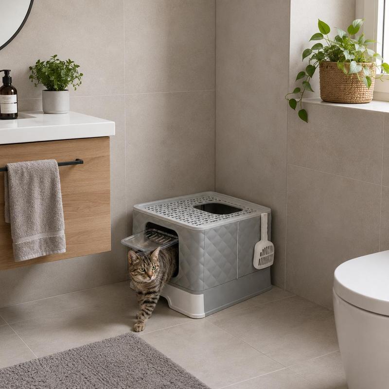 Belviona Cat Litter Box With Drawer, 50.5x40.8x37 Cm, Made Of Pp Material, With 2 Outlets, Grid Lid, Foldable, Hygienic, For Cats Up To 15 Kg, Escape-proof.