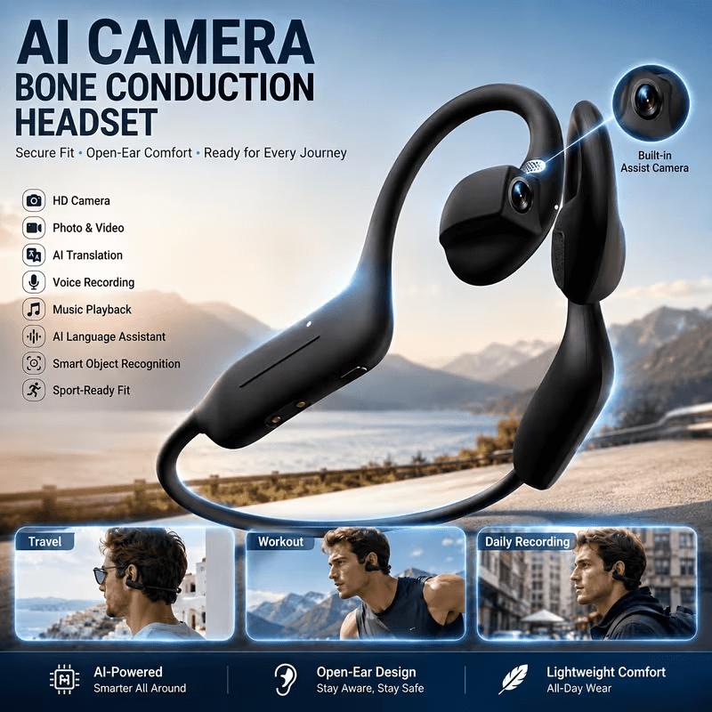 Image of E12 Open- Bone Conduction Bluetooth Headphones, Built-in 8mp Eis Anti-shake , Instant, Touch & Button Dual Operation, Wearable Headset For Outdoor Cycling, Vlog Shooting, Fitness Sports & Daily Calls