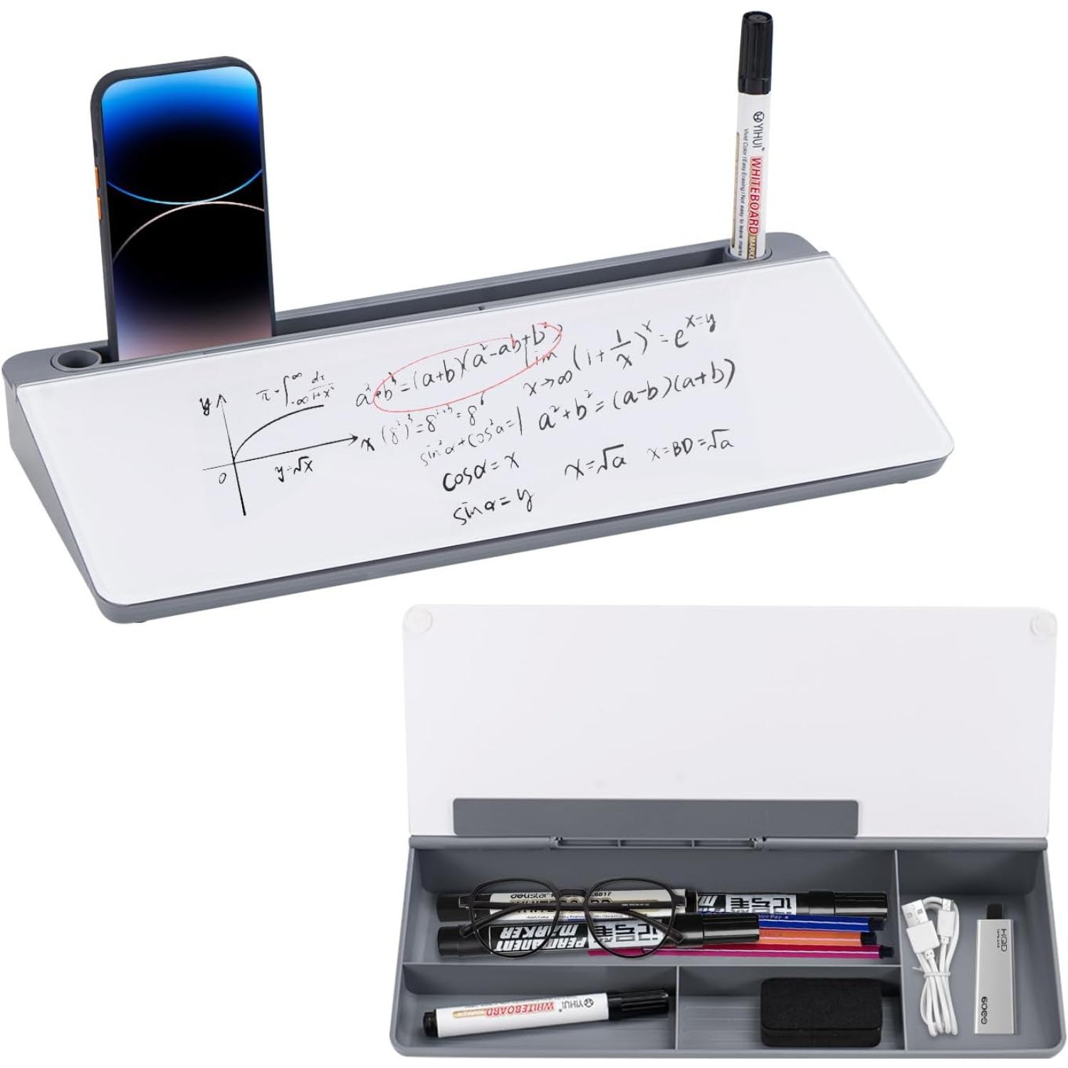 Image of Desk Whiteboard With Storage, Phone Holder & Pens