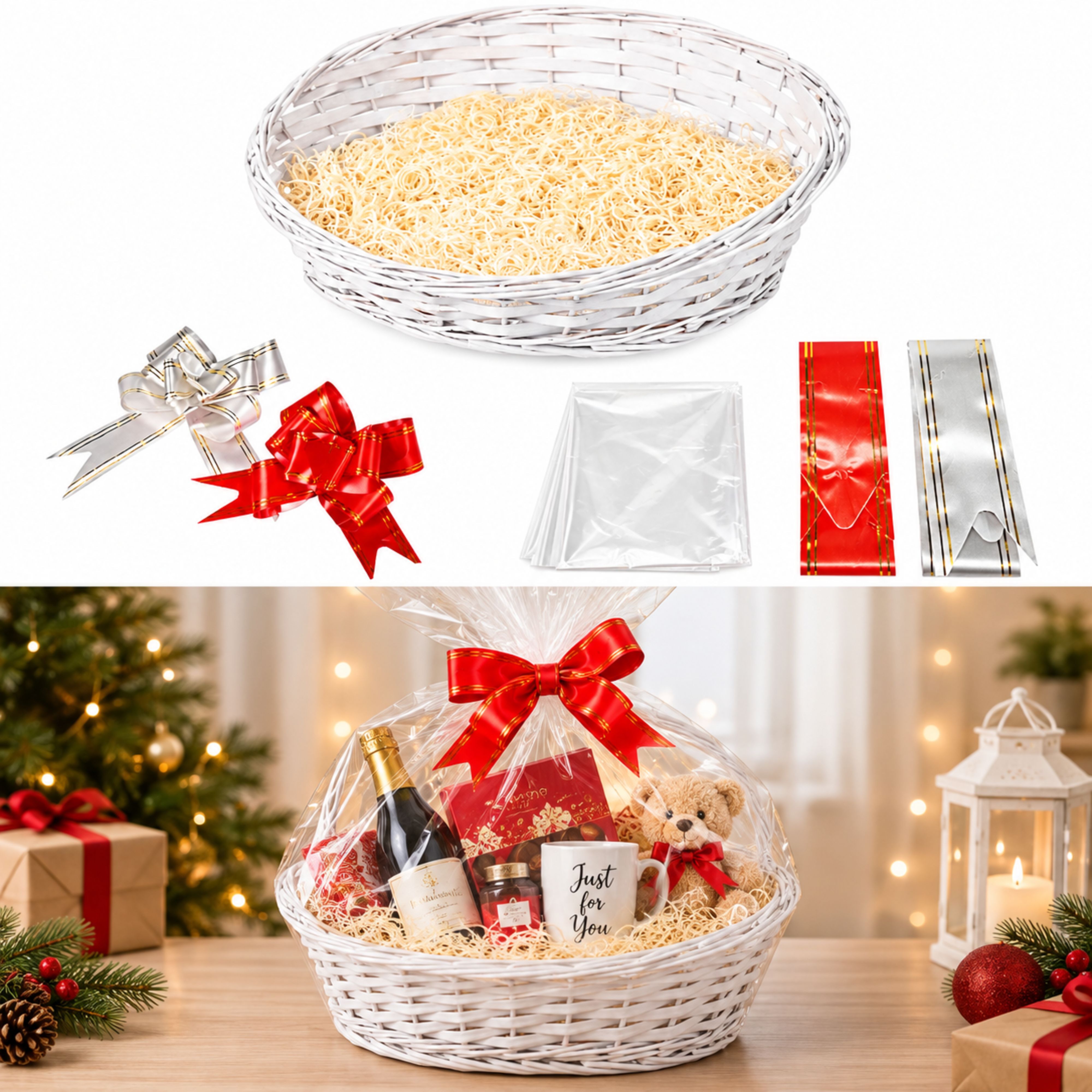 TEMU Duchessway Wicker Gift Hamper Basket Kit With Cellophane Bag, Ribbon & Wood Wool – Oval Empty Gift Basket For Christmas, Birthday, Baby Shower,