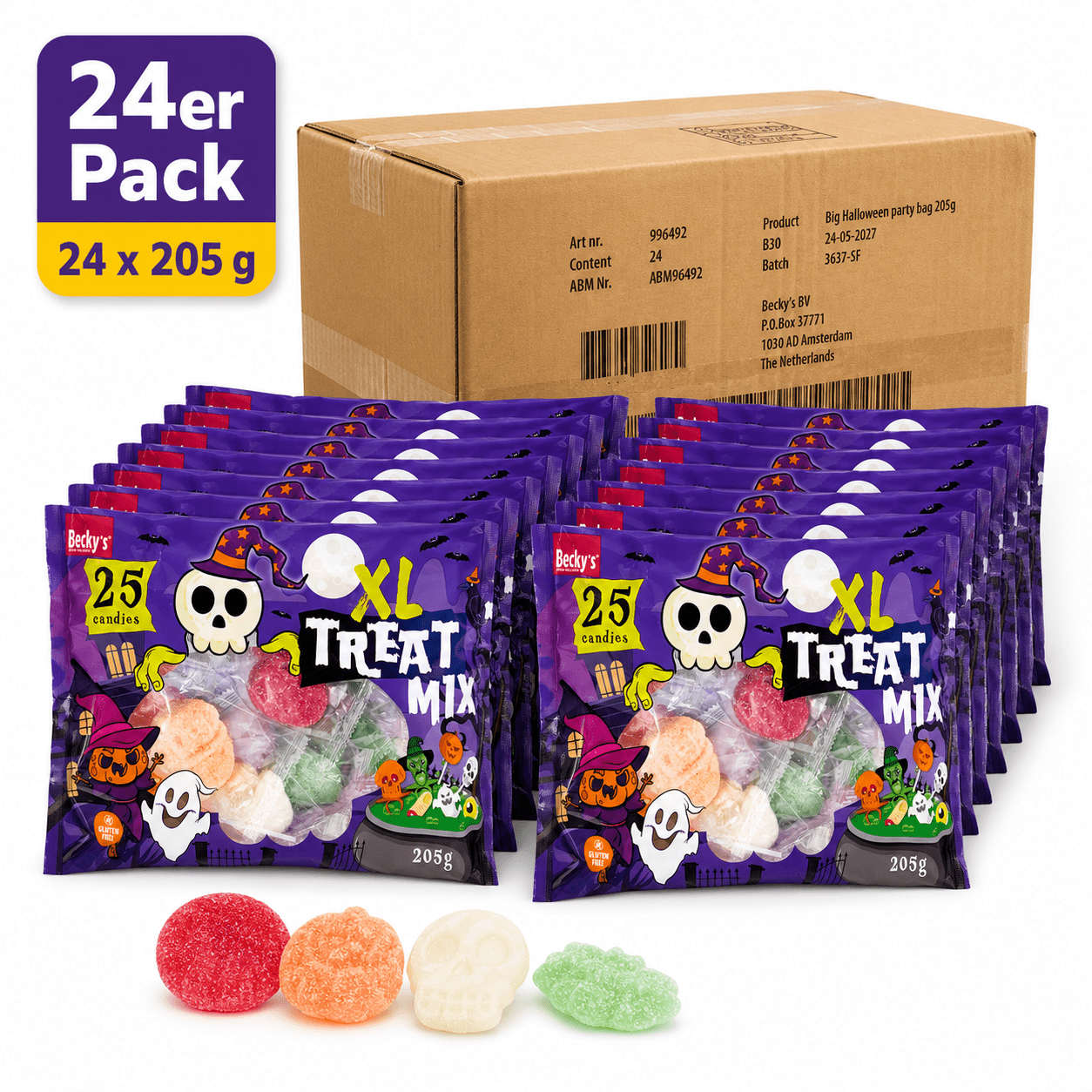 Image of Becky's Xl Treat Mix Halloween 24pcs Carton - 600 Candies - 4.92 Kg Large Pack With Fruit Gum, Lollipops & Marshmallows