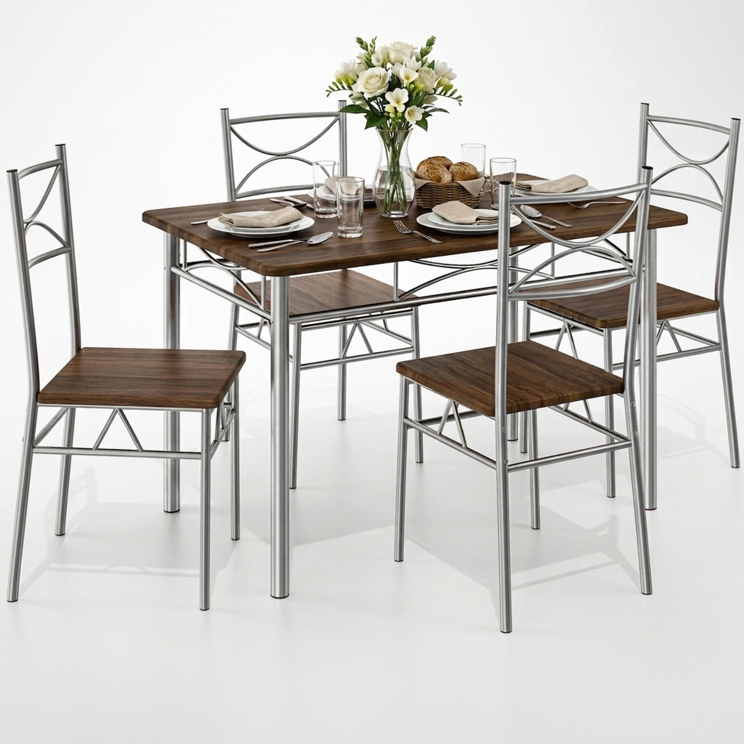 Image of Dining Table With 4 Wooden Chairs, 5pcs Set, Metal, 110x70cm, Industrial Dining Room Kitchen Chairs Table Furniture Dining Set Seating Group Dark Oak
