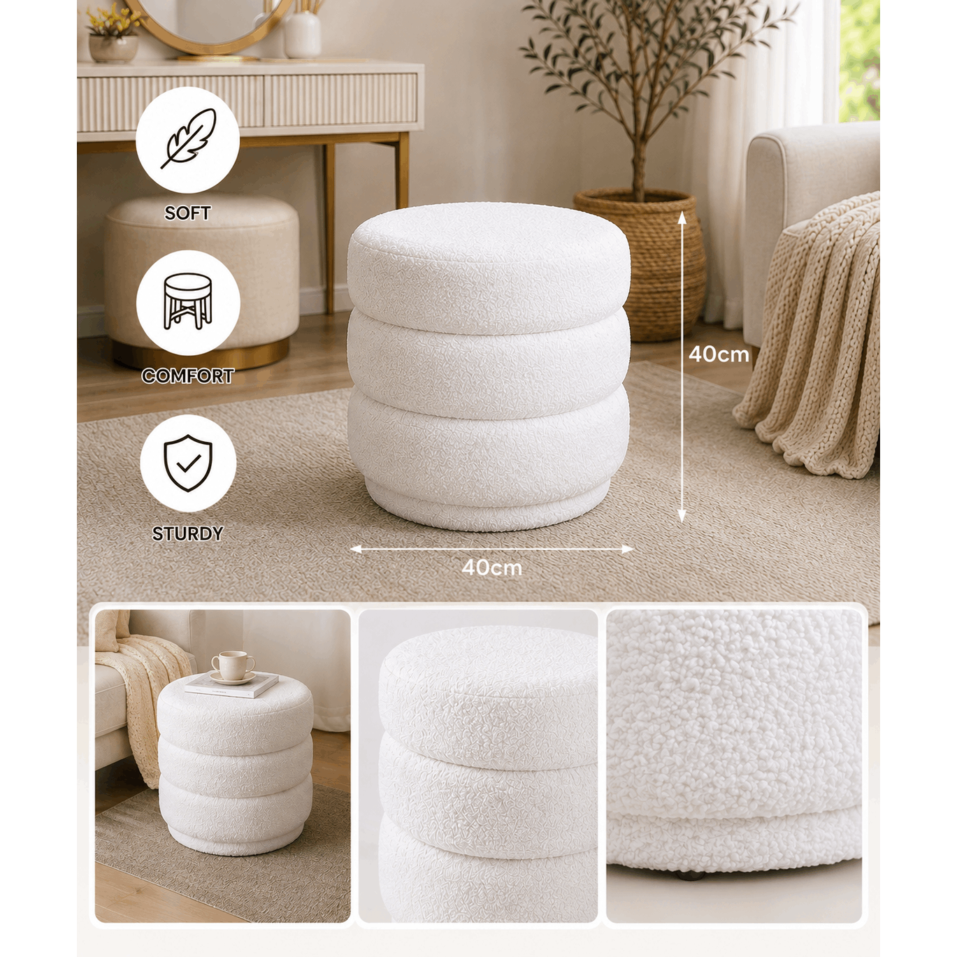 Image of Round White Sheepskin Effect Pouf - Upholstered Seat In Bouclé Fabric - 40 × 40 Cm - Stool For Living Room, Bedroom And Dressing Room