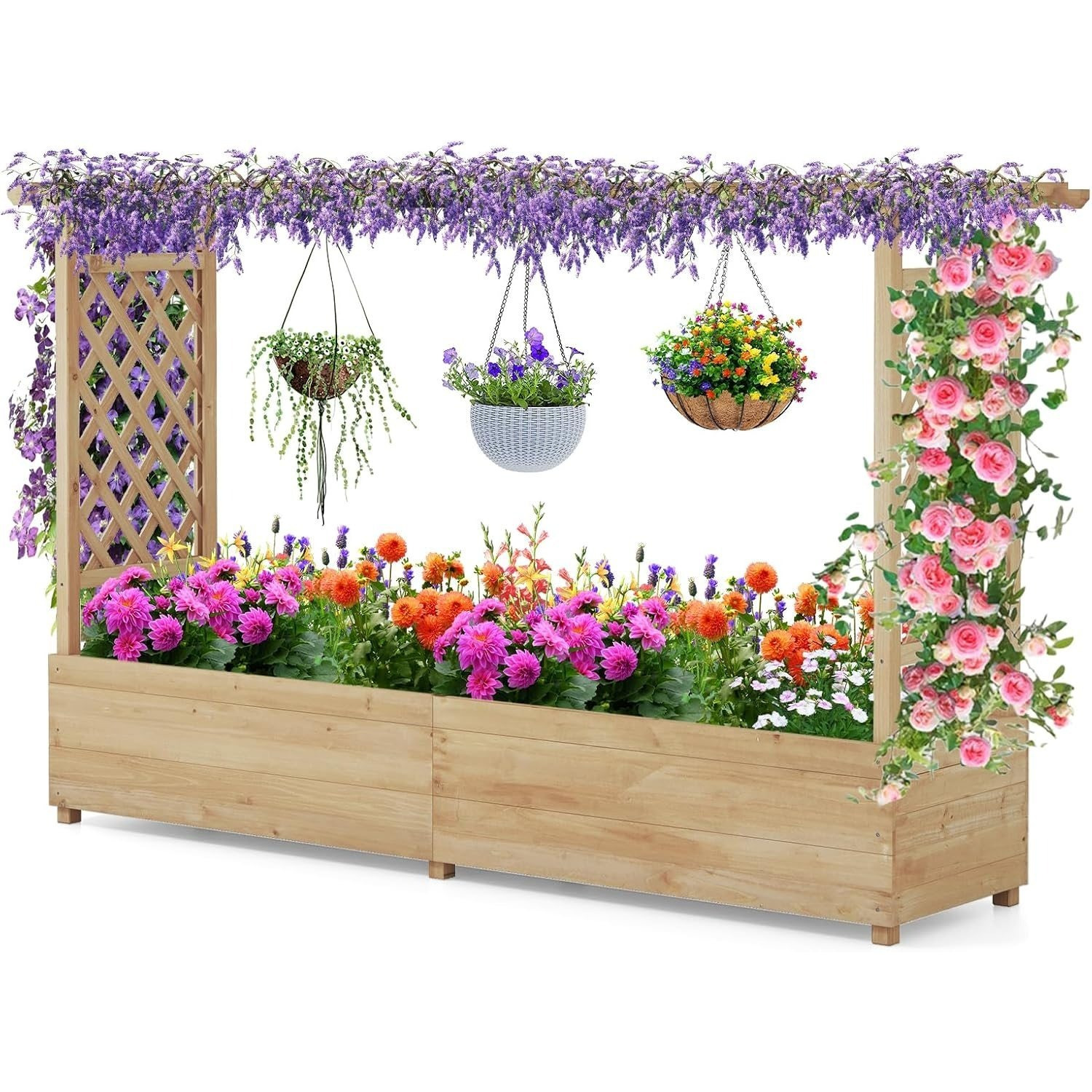 Image of Raised Bed With Trellis, Flower Box With Hanging Roof Drainage Holes, Plant Box For Garden, Patio, Yard (200 X 44 X 114 Cm)