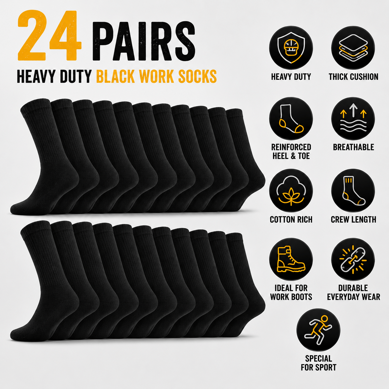 TEMU 24 Pairs Men's Work Socks| Thick Cushioned Crew Sports Socks | Heavy Duty Workwear Hiking Walking Boot Socks | Breathable Mesh Ventilated |
