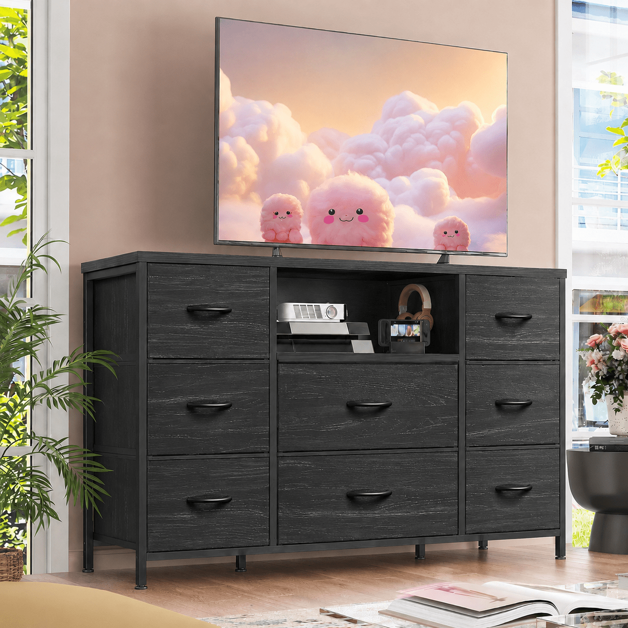 Image of 8-drawer Fabric Dresser With Open Storage Shelf, Wide Storage Chest With And Textured Drawers For Bedroom, Living Room And Closet