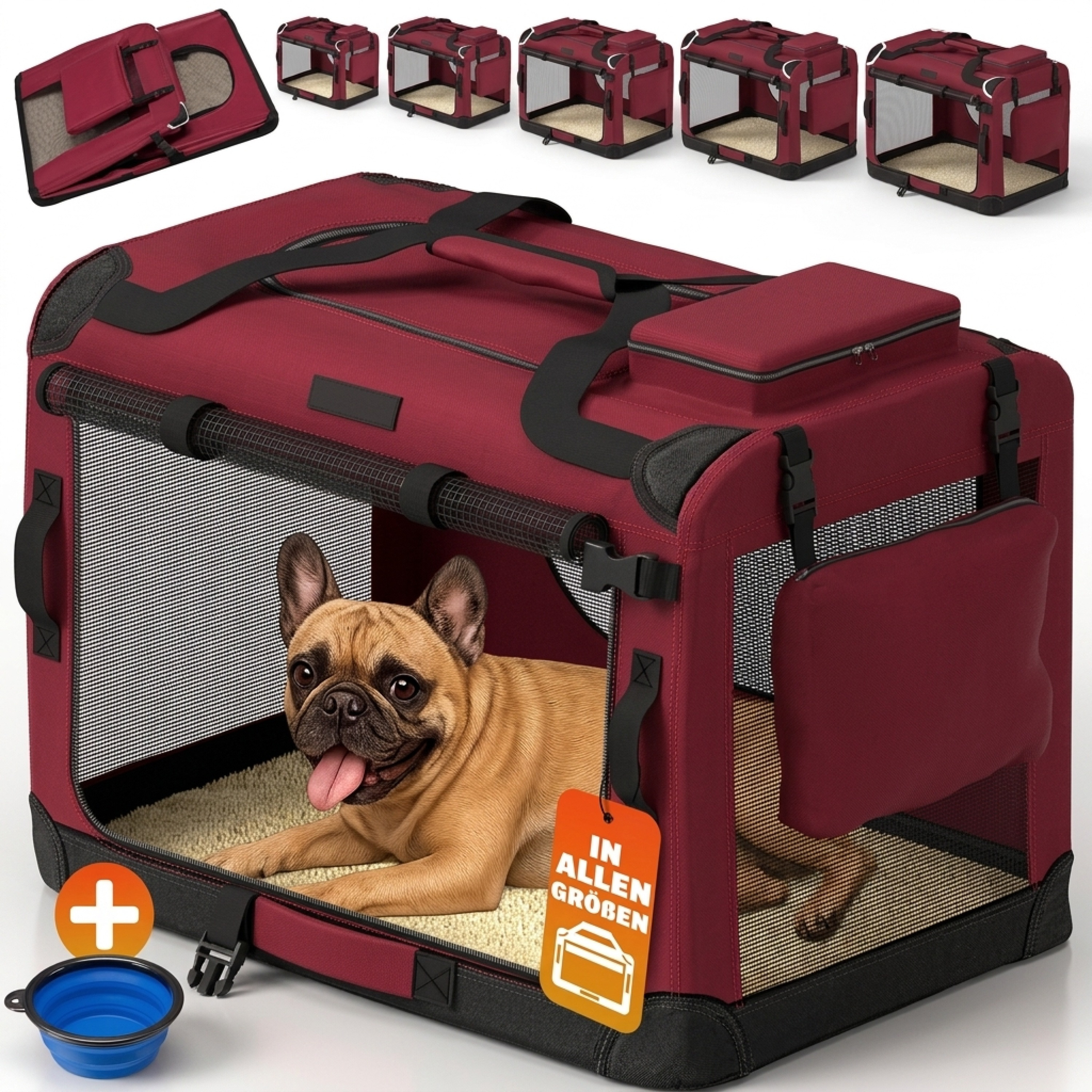 Image of Dog Box M Foldable 60x42x44cm, Car, Breathable, , Easy To Clean, Transport Box, Pet, Cat, Carrying Bag, Dark Red