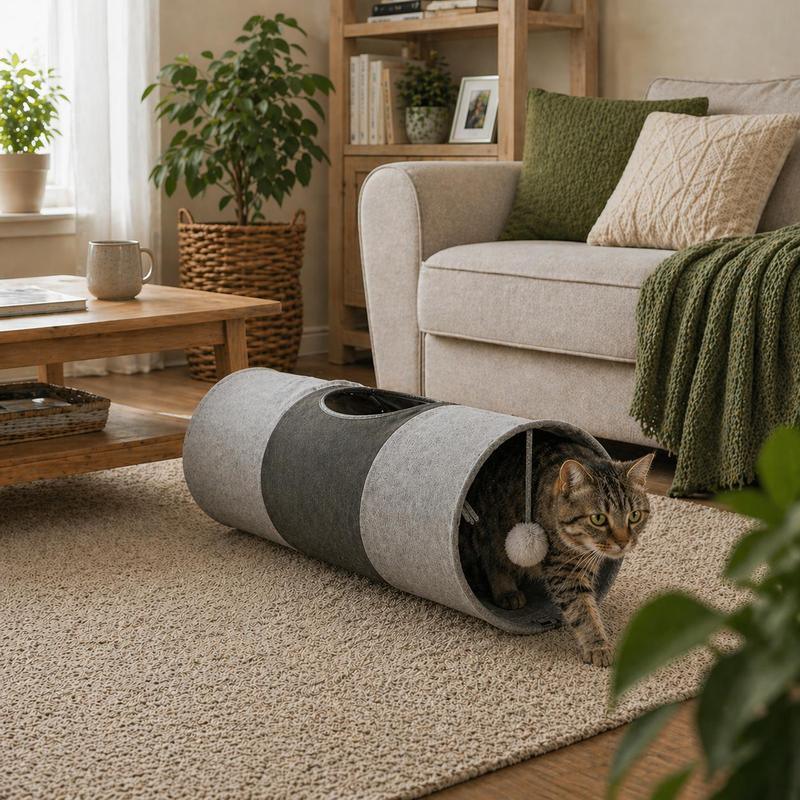 Belviona Collapsible Cat Tunnel With Play Ball, 30 Cm Diameter, Expandable Play Tunnel Made Of Linen Material, Cat Toy For Adventure.