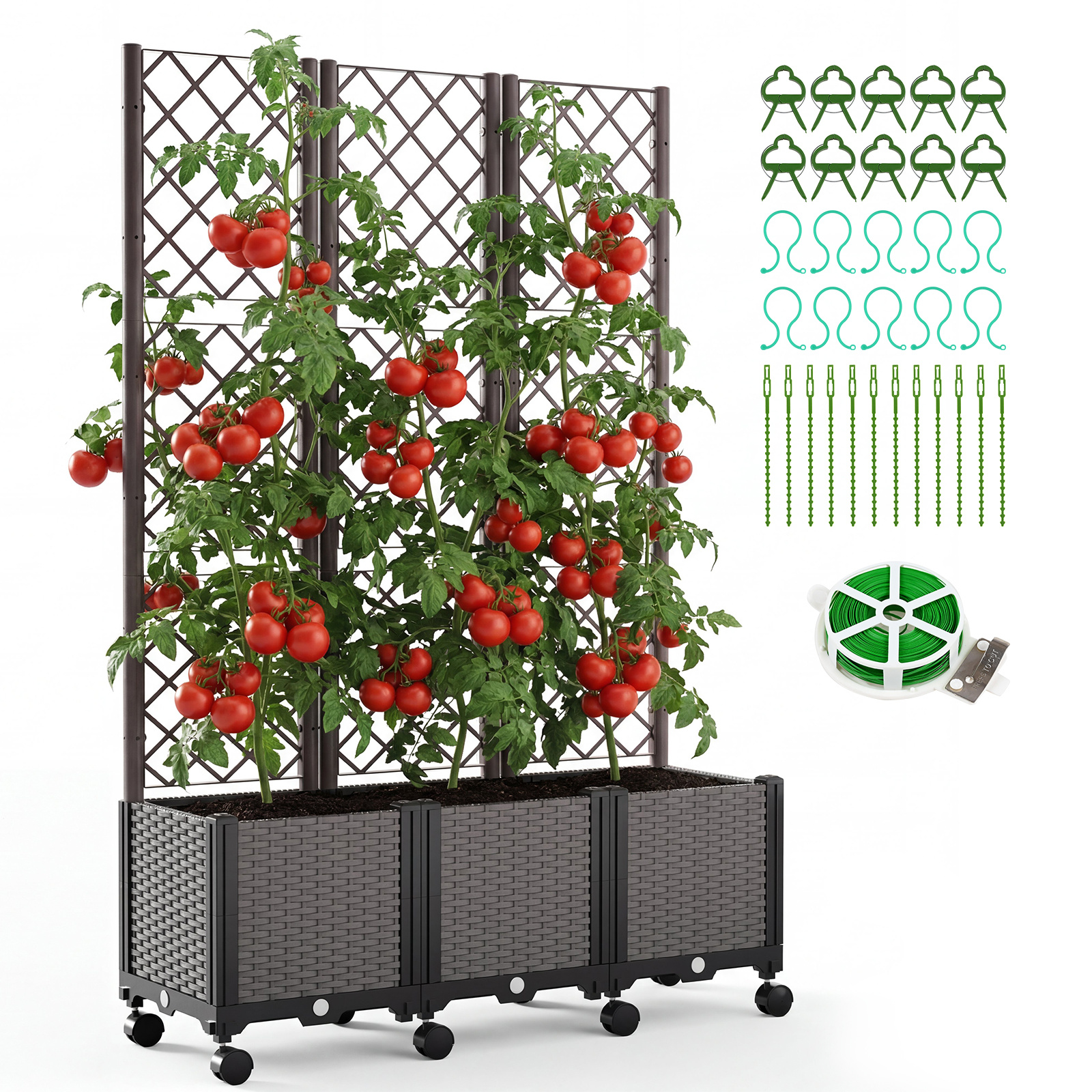 Image of Raised Bed Planter With , Flower Box, Privacy Screen, Roller Wheels, And Water Reservoir For Climbing Plants – Tomato, Cucumber, Roses