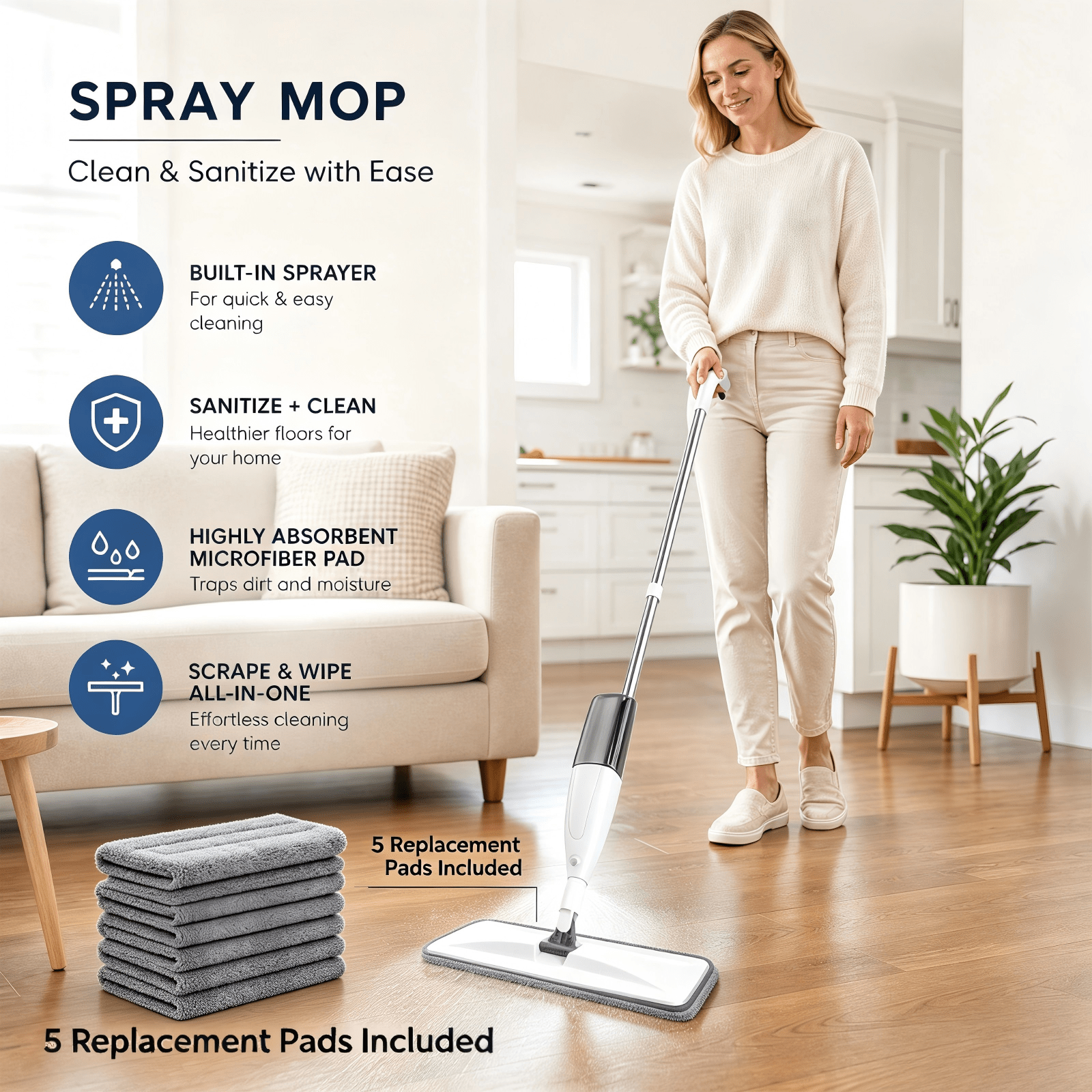 TEMU Spray Mop For Floor Cleaning, Microfiber Wet Dry Mop With Ultra-thin Head & 250ml Refillable Bottle, Flexible Flat Mop With 5 Reusable Mop