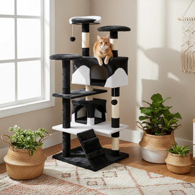Cat Tree 130 Cm High, 50x50 Cm, With Sisal Posts, 3 Lying Surfaces, 2 Caves, Play Balls, Ladder, Plush Cover, For Cats, In Beige, Brown, Grey