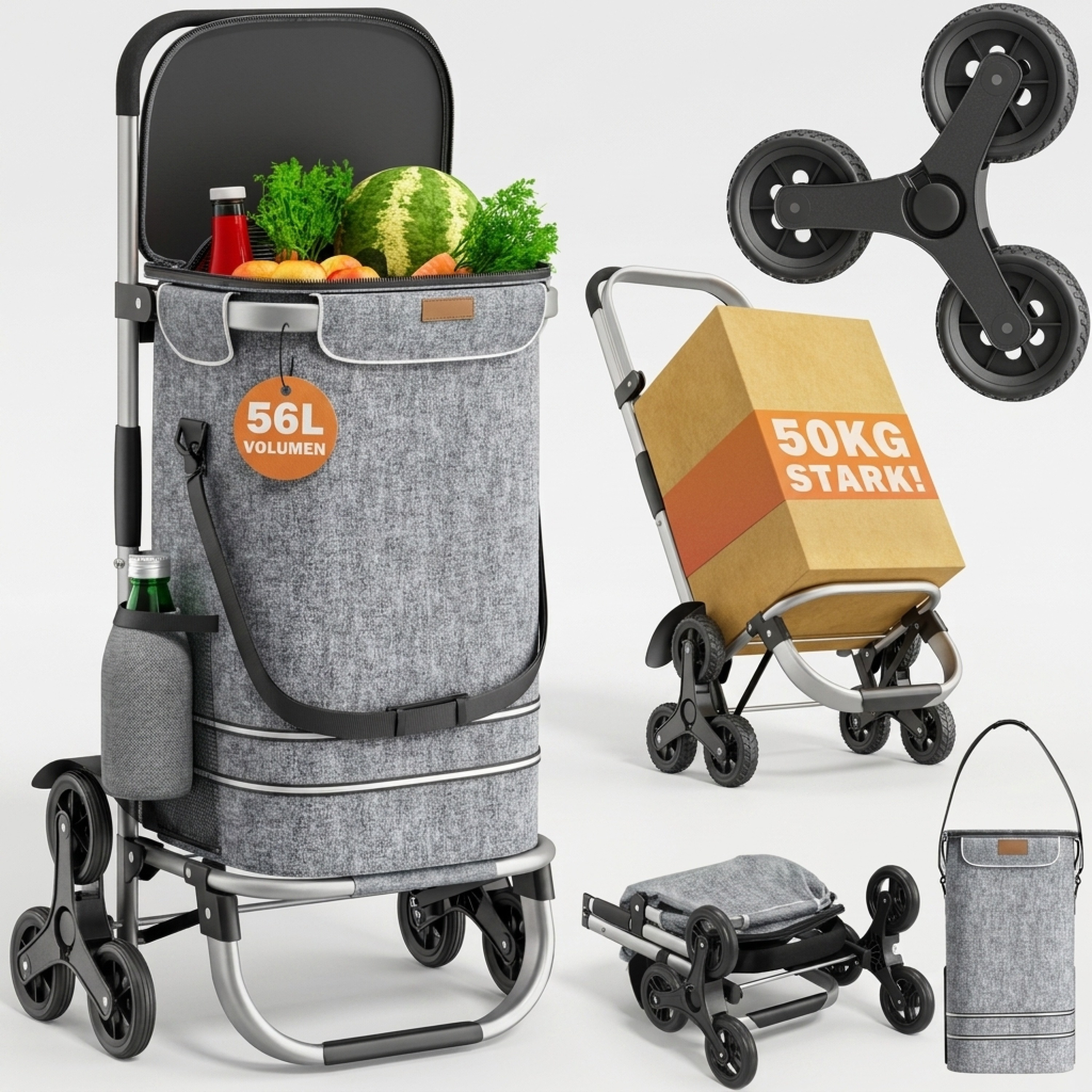 Image of 3in1 Shopping Trolley 56l Up To 50 Kg Foldable Removable Bag 6 Wheels Carrying Strap Stair Climber Shopping Cart Shopping Aid Trolley Grey Mottled
