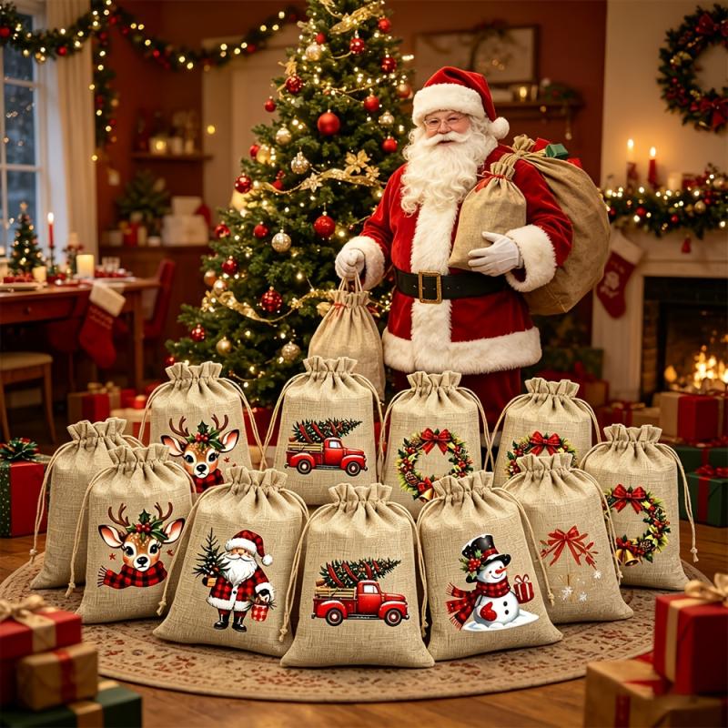 TEMU Set Of 12 Christmas Linen Gift Bags, 14.99 X 9.91 Cm Reusable Drawstring Gift Sacks With 5 Christmas-themed Designs , Ideal For Christmas Party