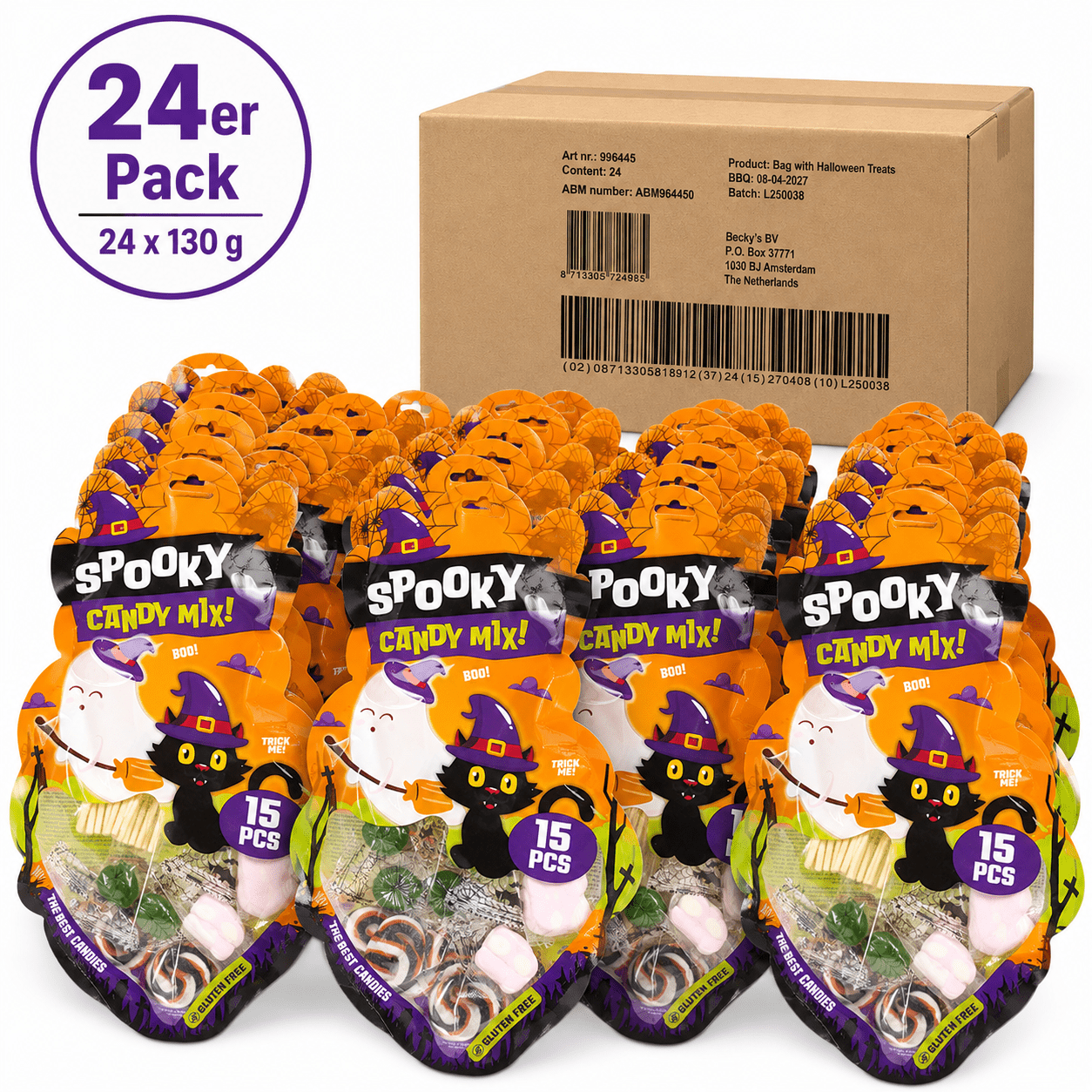 Becky’s Spooky Candy Mix 24-pack Carton – 360 Halloween Candies – 3.12 Kg Lollipops & Marshmallow Pops – Bulk Pack