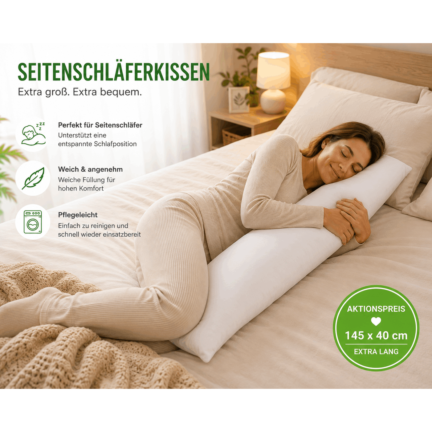 Image of Side Sleeper Pillow 145 X 40 Cm – Extra Long Body Pillow, Softly Filled, Sleeping Pillow & Cuddle Pillow For Adults