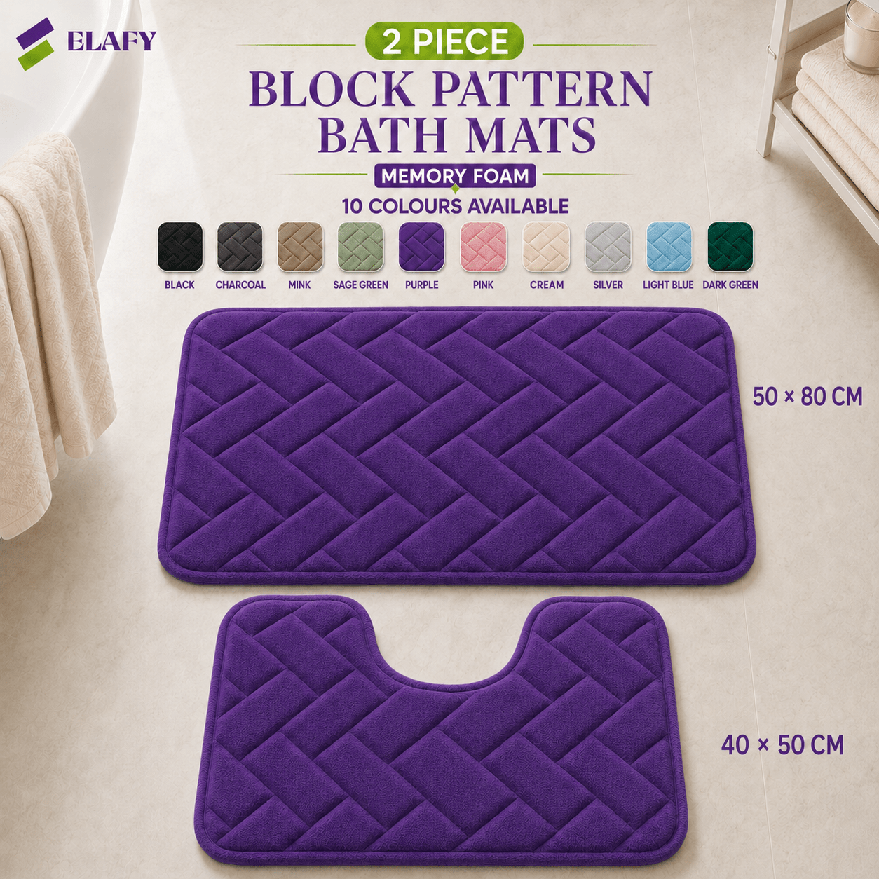TEMU 2pcs Luxury Memory Foam Bath Mat Set 2pcs – Pebble & Non Slip Bathroom Rugs, Super Dry Washable Floor Mats For Shower, Tub & Toilet – 40x50cm +
