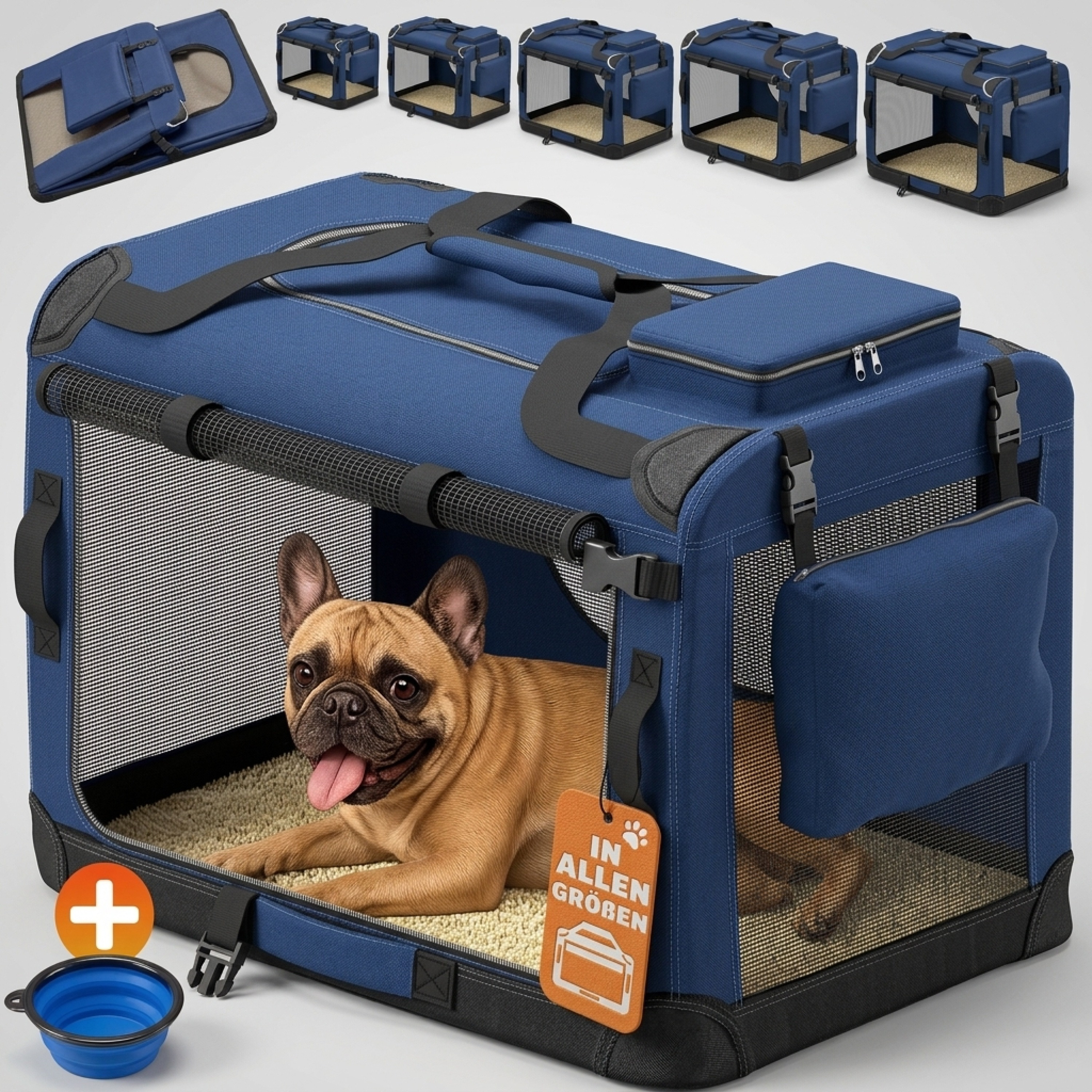 Image of Foldable L-shaped Dog Crate 70x52x50cm, For Car, Breathable, Durable, Easy To Clean, , For Cats, Carry Bag, Navy Blue