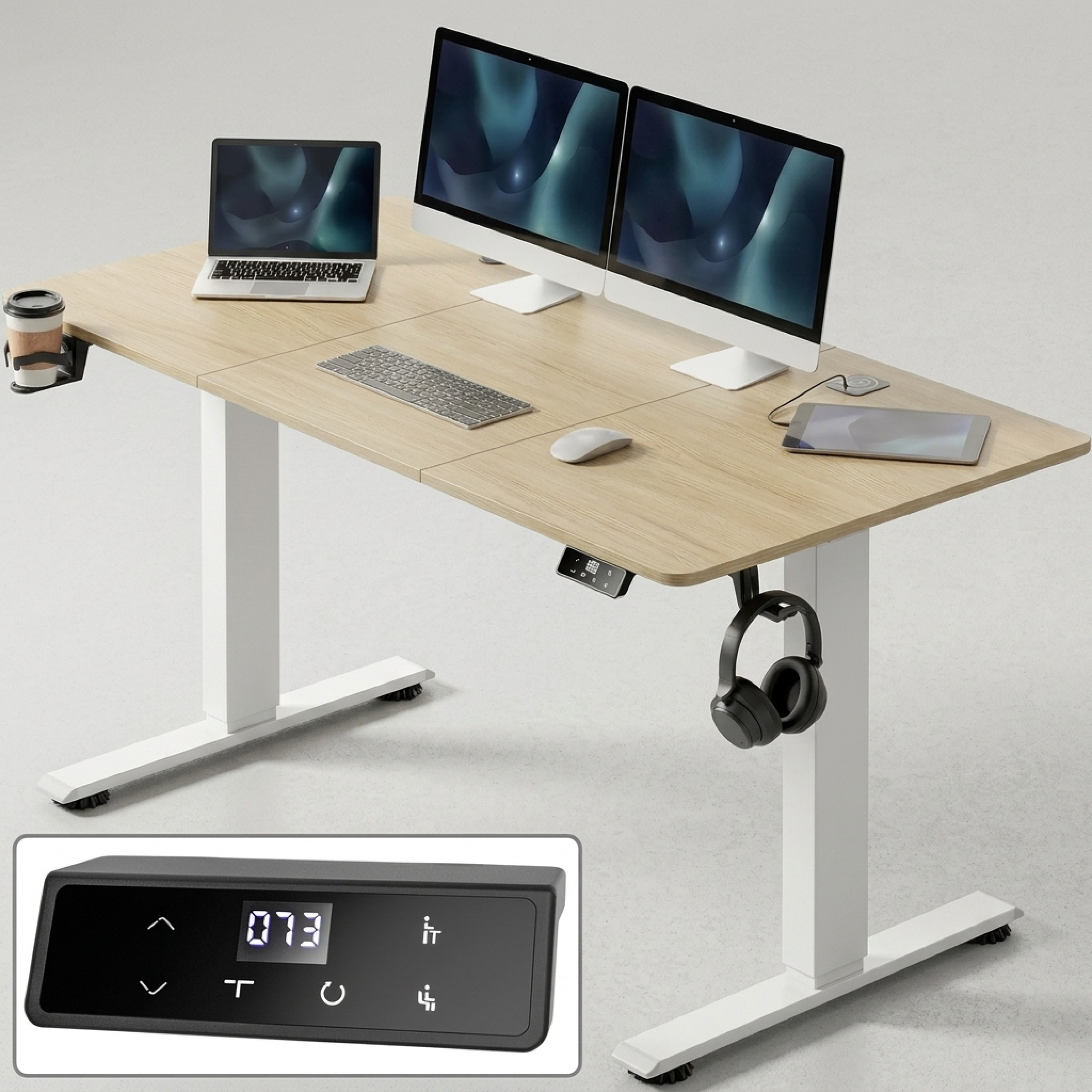 Image of Electric Height-adjustable Desk 140 X 70 Cm With Wireless Charger & Usb-c/a Port, Lcd Display, Memory Function, 80 Kg Load Capacity, Ergonomic, Beige