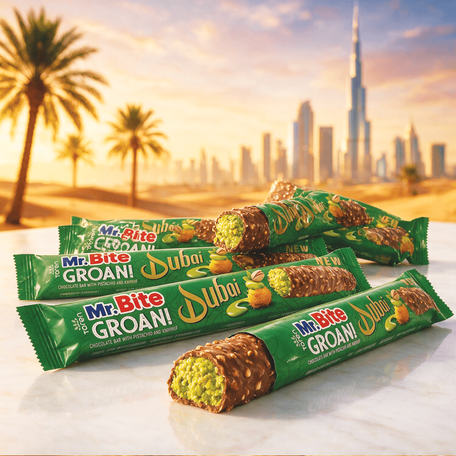 Image of Best Before: 16.11.2026 - 6-pack - Mr. Bite Groan Dubai Style - Chocolate Bars With Pistachio Cream, Pistachio Pieces & Crunchy Kadaifi, Coated In Milk Chocolate 6x35g