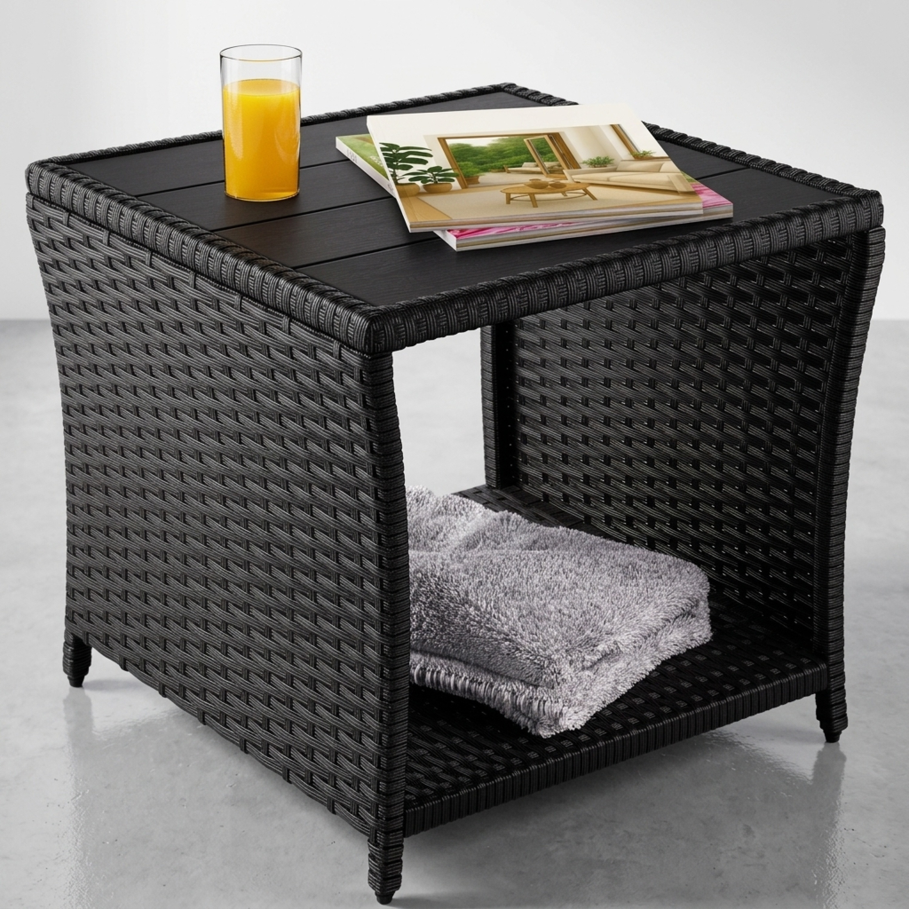 Image of Polyrattan Side Table With Wpc Tabletop, Black, 45x45x40cm, 80kg Load Capacity, Weatherproof, Table, Storage Table, Balcony, Terrace, Garden, Outdoor, Garden Furniture, Coffee Table