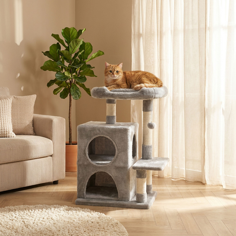 Belviona Cat Tree With 2 Caves, Plush Ball , Sisal Stems And Lying Area, 80 Cm High, With Plush Cover, Ideal For Playing, Climbing And Resting.