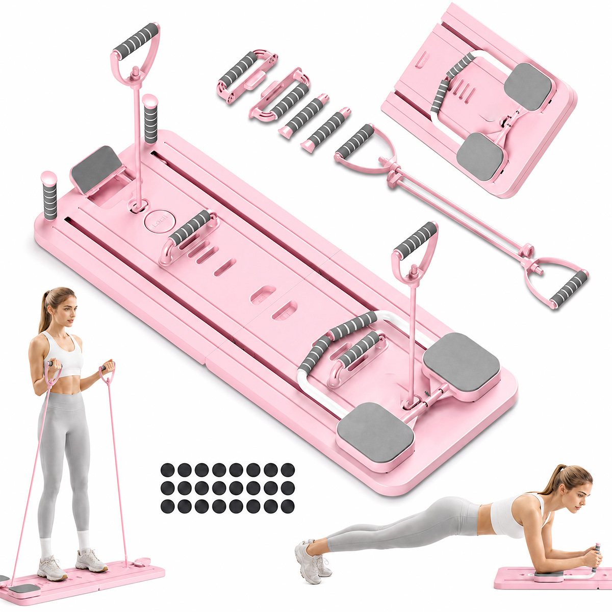 TEMU Tabla de Pilates Plegable Multifuncional 5 en 1, Entrenador de Cuerpo Completo con Cuerda de Tensión, Rodillo Abdominal de Automático y Tabla de
