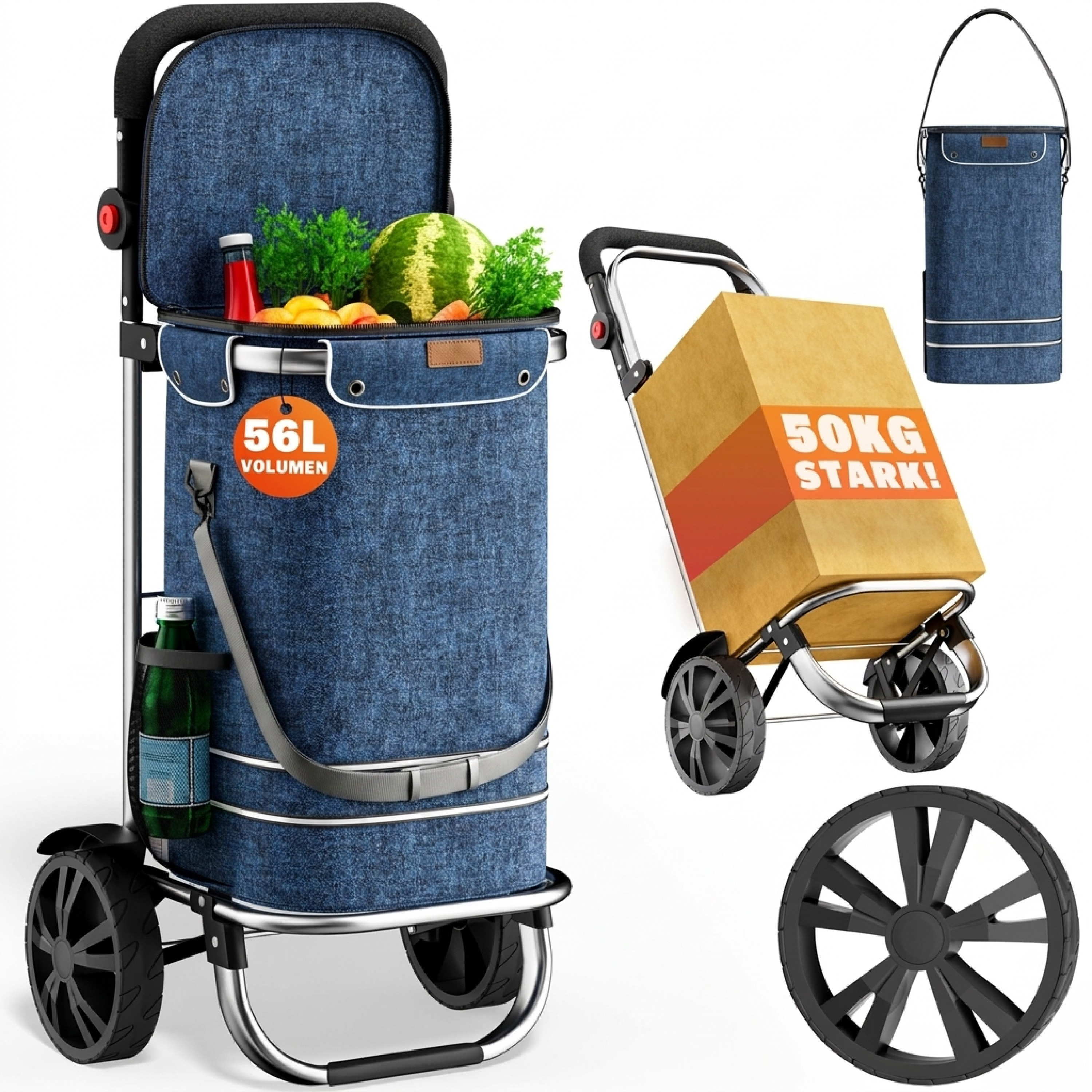 Image of 3in1 Shopping Trolley 56l Up To 50 Kg Foldable Removable Bag Handcart Shopping Cart Shopping Aid Roller Blue