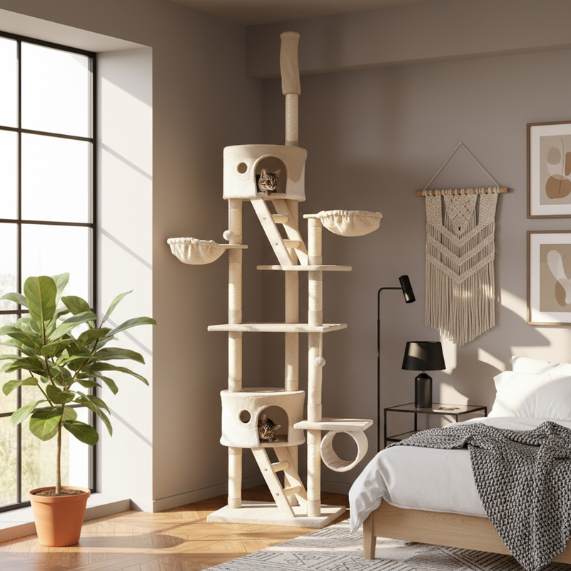Belviona Xxl Scratching Post 230-250 Cm High, 120x50 Cm Base, With Ceiling Spanner, Caves, Sisal Stems, Lying Surfaces, Tunnel, Play Balls, For Large And Small Cats.