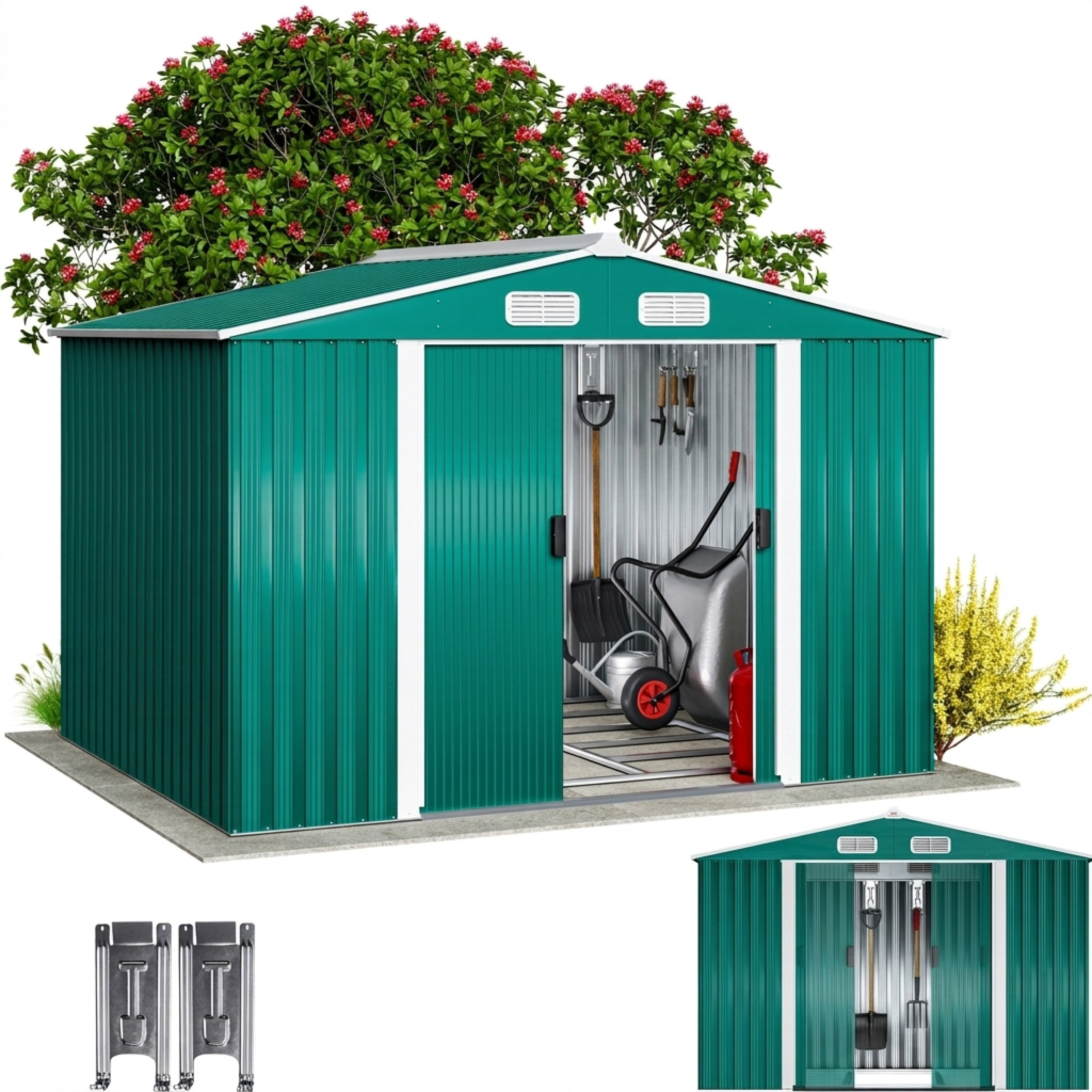 TEMU Abri à outils XXL en métal 260x205x180cm avec , 5m², 9m³, porte coulissante, 4 porte-outils de 10kg, ventilation, aux intempéries, toit à pans,