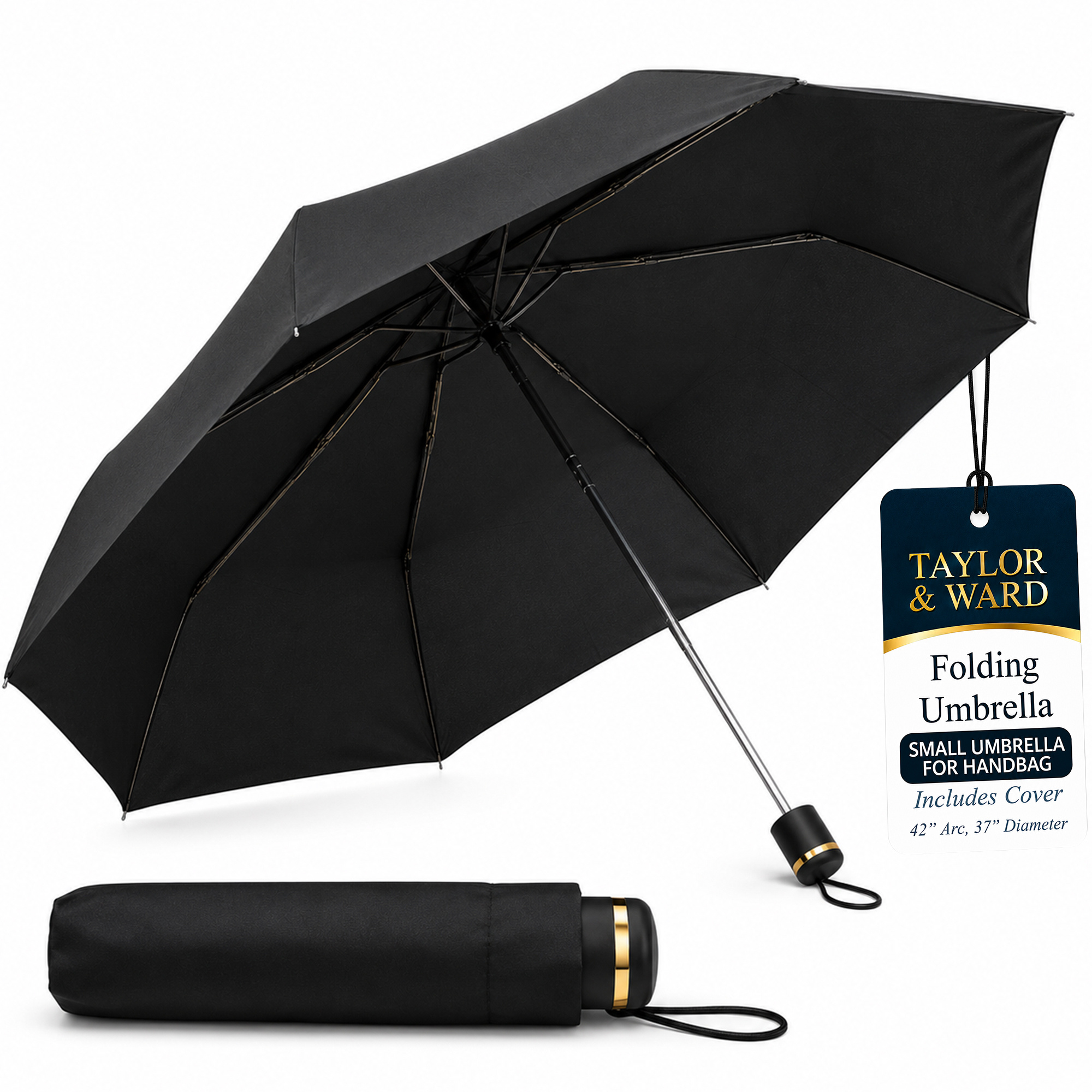 TEMU 1 Pack Compact Umbrella With Cover | Black Folding Umbrella | Small Umbrella For Handbag, Travel & Commuting | Lightweight Portable Rain