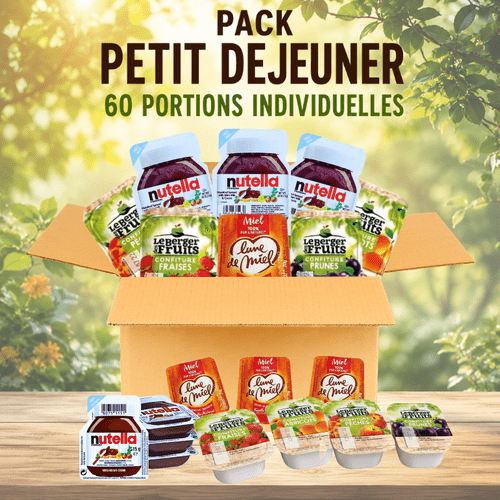 photo de l'article 60 pièces , pâte à tartiner, miel - carton 1,3 kg – pack petit-déjeuner et – assortiment en individuelles – 24 des fruits 20 g , , prune et pêche, 12 miels 20 g et 24 pâtes à tartiner 15 g – mix à