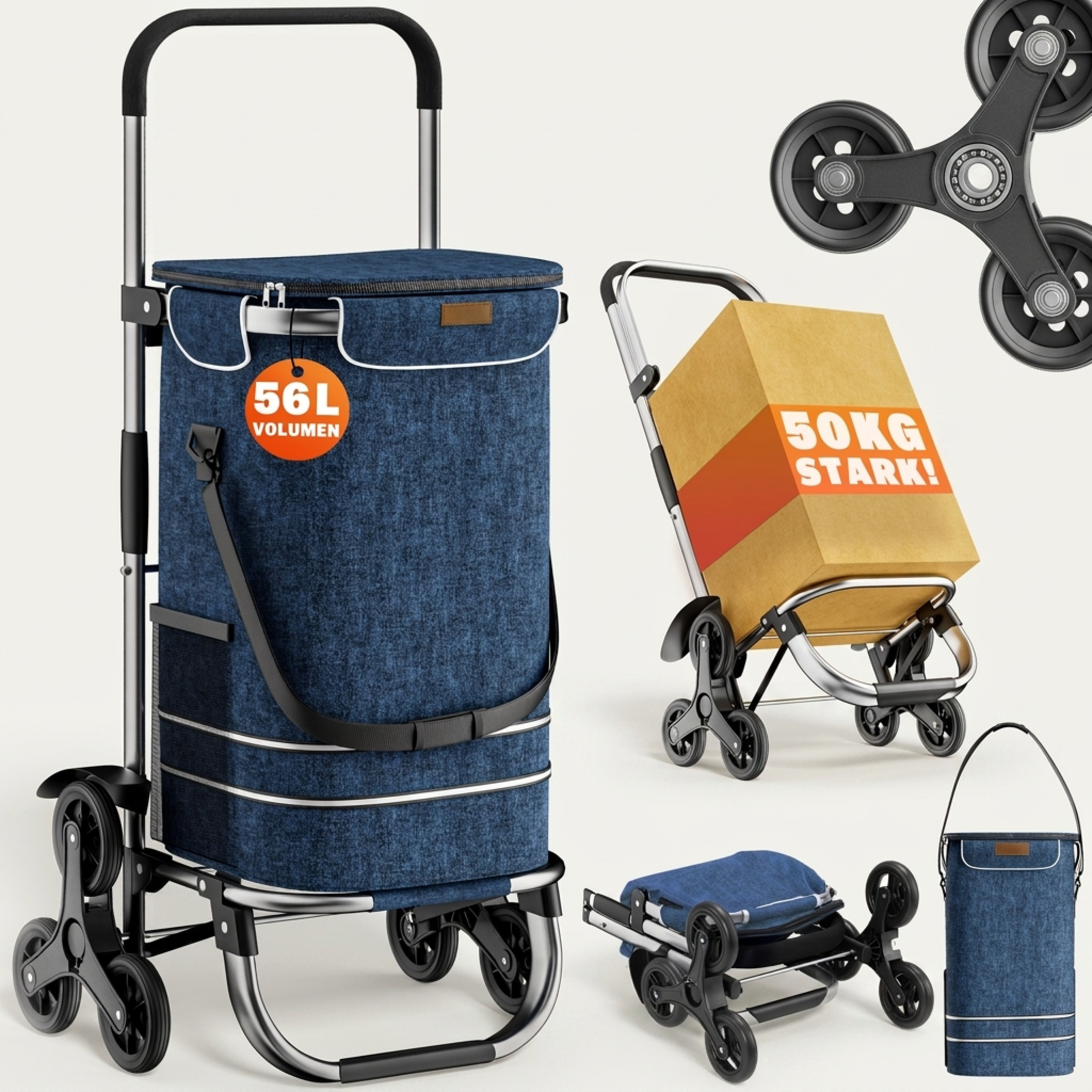 3in1 Shopping Trolley 56l Up To 50 Kg Foldable Removable Bag 6 Wheels Carrying Strap Stair Climber