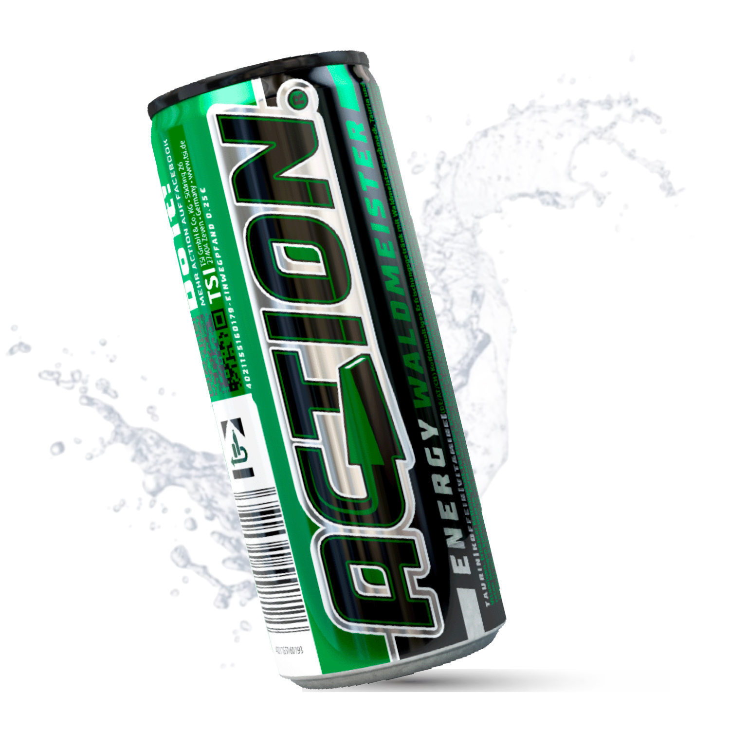 Image of Action Energy Drink Waldmeister 24 X 250ml Can With Increased Caffeine Content Including Deposit