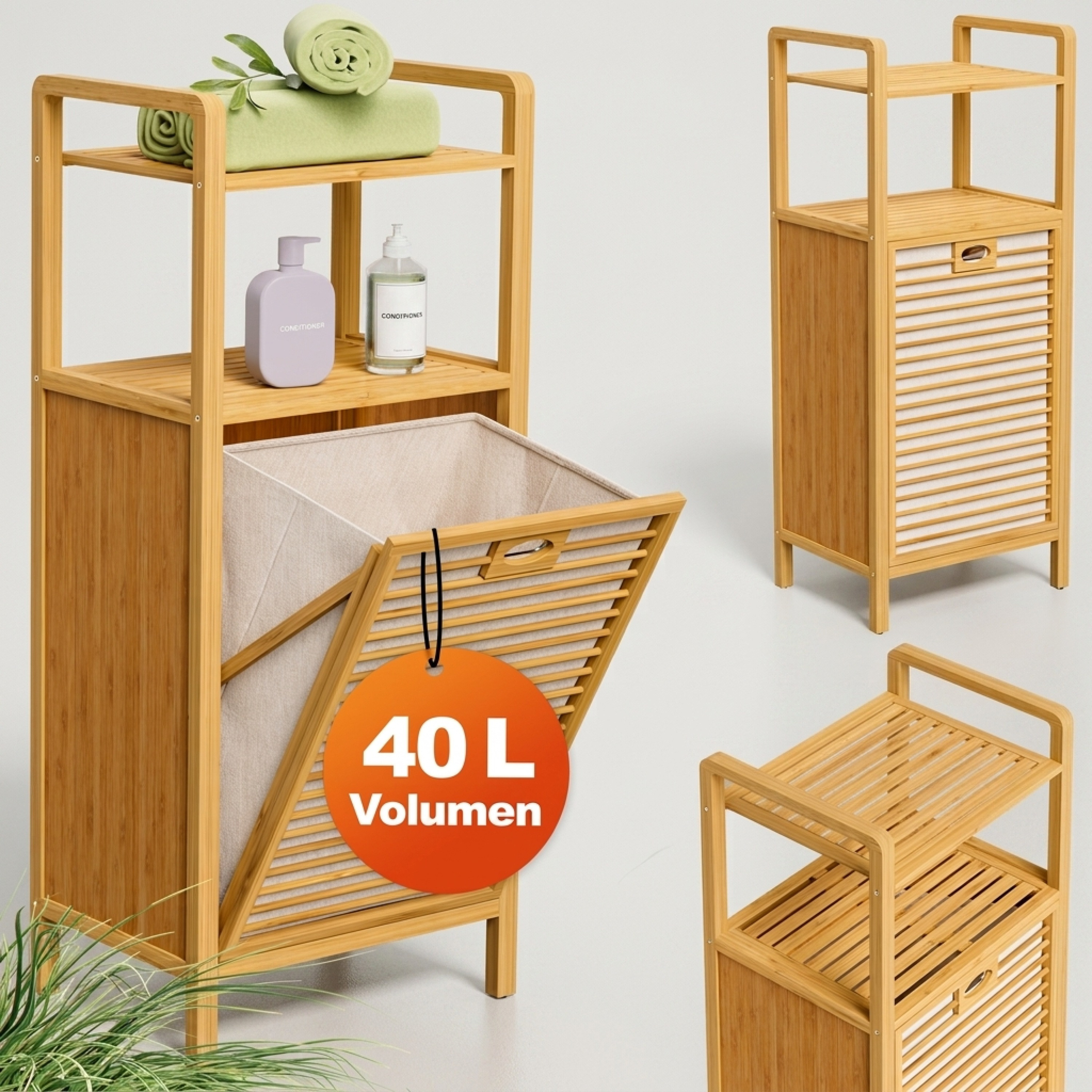 TEMU Estantería de baño de bambú con cesto de ropa sucia de 40L, recolector de ropa, 96x40x30cm, bolsa de ropa extraíble, estante, 2 niveles, madera,