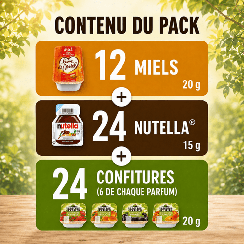 60 pièces , pâte à tartiner, miel - carton 1,3 kg – pack petit-déjeuner et – assortiment en individuelles – 24 des fruits 20 g , , prune et pêche, 12 miels 20 g et 24 pâtes à tartiner 15 g – mix à