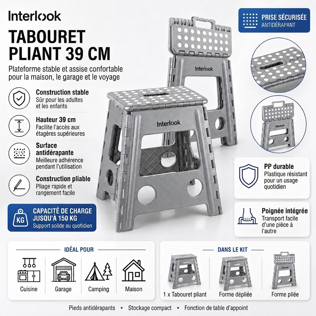 TEMU Tabouret escabeau pliant 39 cm, antidérapant