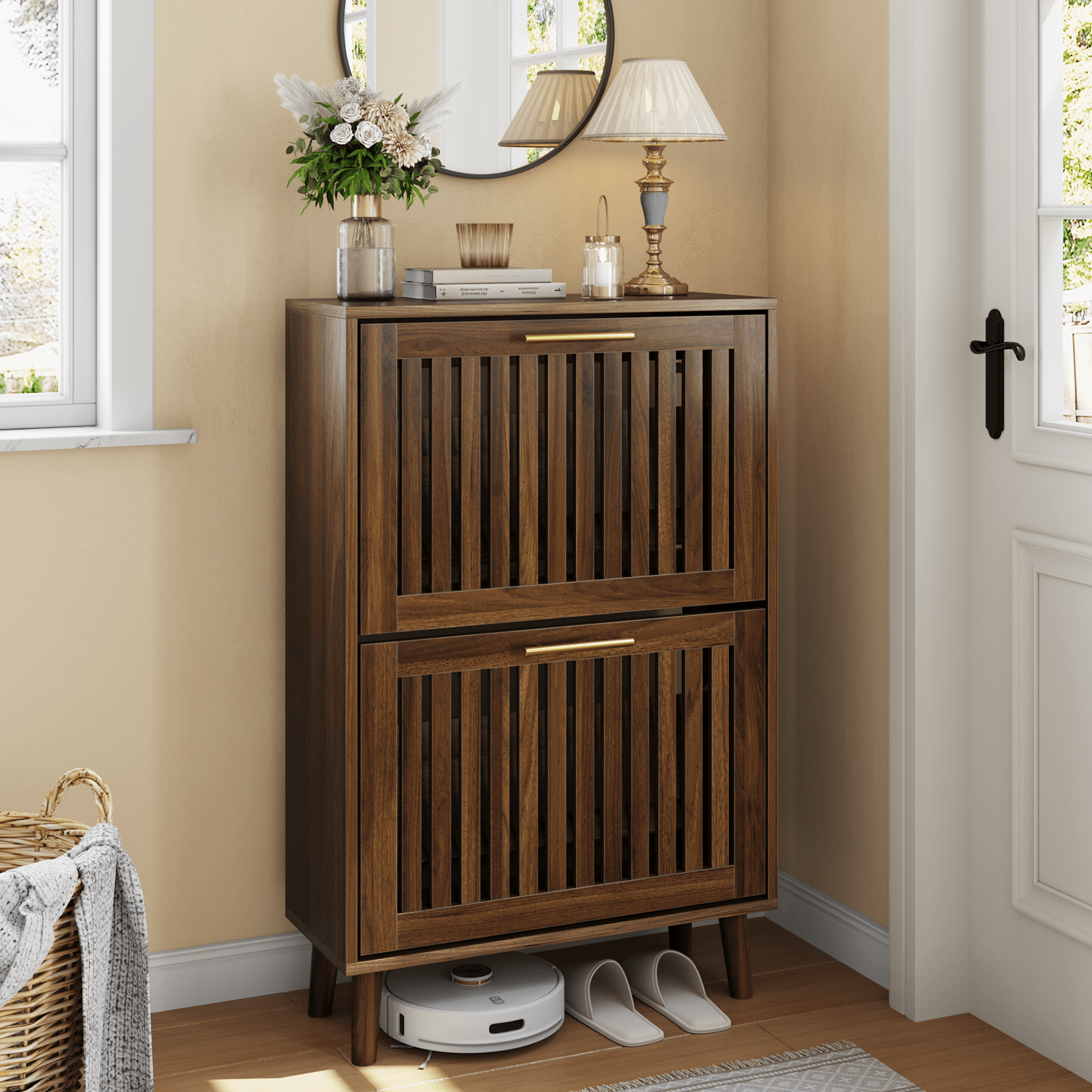 Shoe Cabinet, Shoe Storage Cabinet, Wardrobe Cabinet, Slim Shoe Cabinet, Walnut Finish